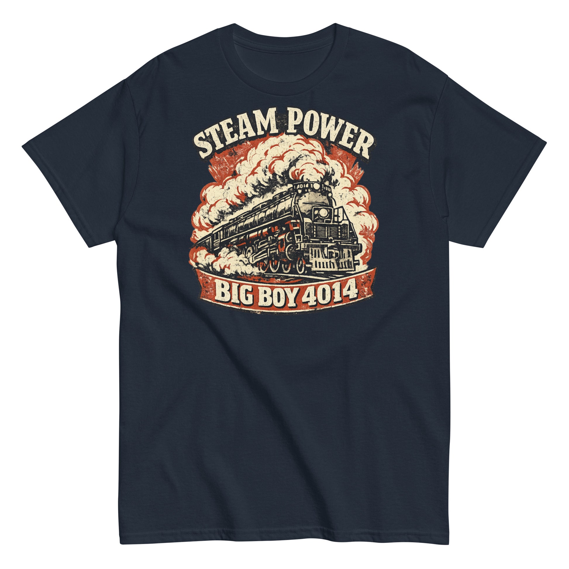 Navy blue t-shirt with a steam locomotive graphic and 'Steam Power Big Boy 4014' text on a white background