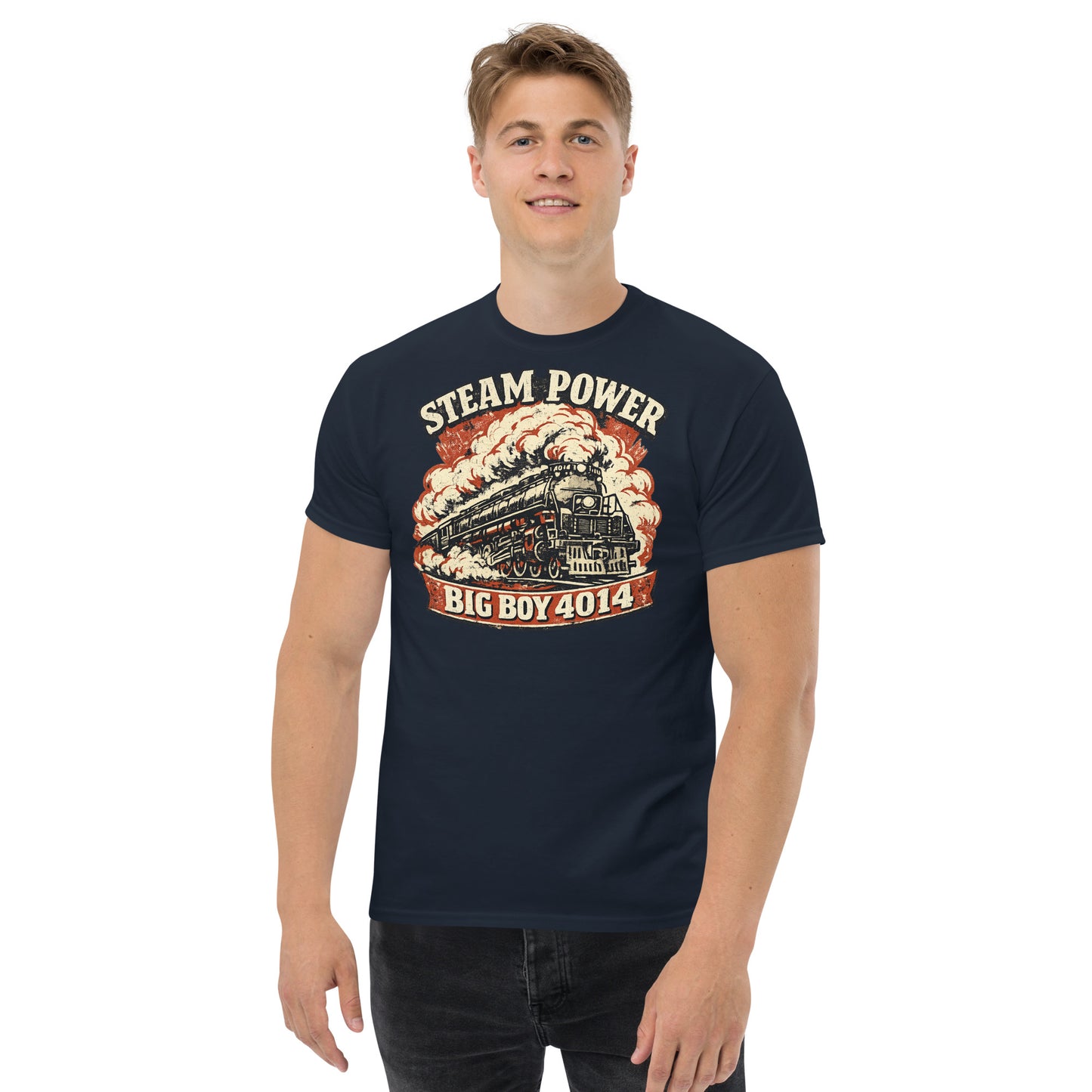 Man wearing a navy blue t-shirt with 'Steam Power Big Boy 4014' design on a white background