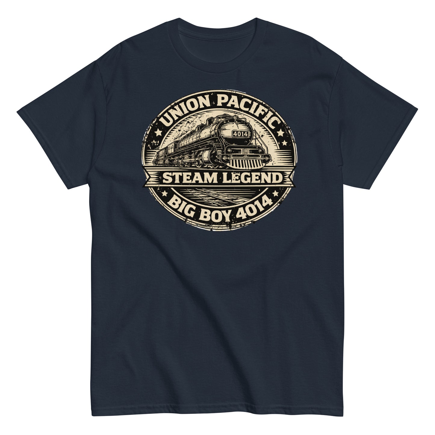 Navy blue t-shirt with Union Pacific steam locomotive graphic on a white background