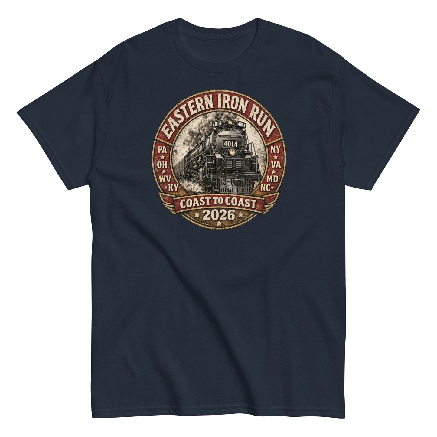 Navy t-shirt featuring a vintage graphic of the Union Pacific Big Boy 4014 steam locomotive