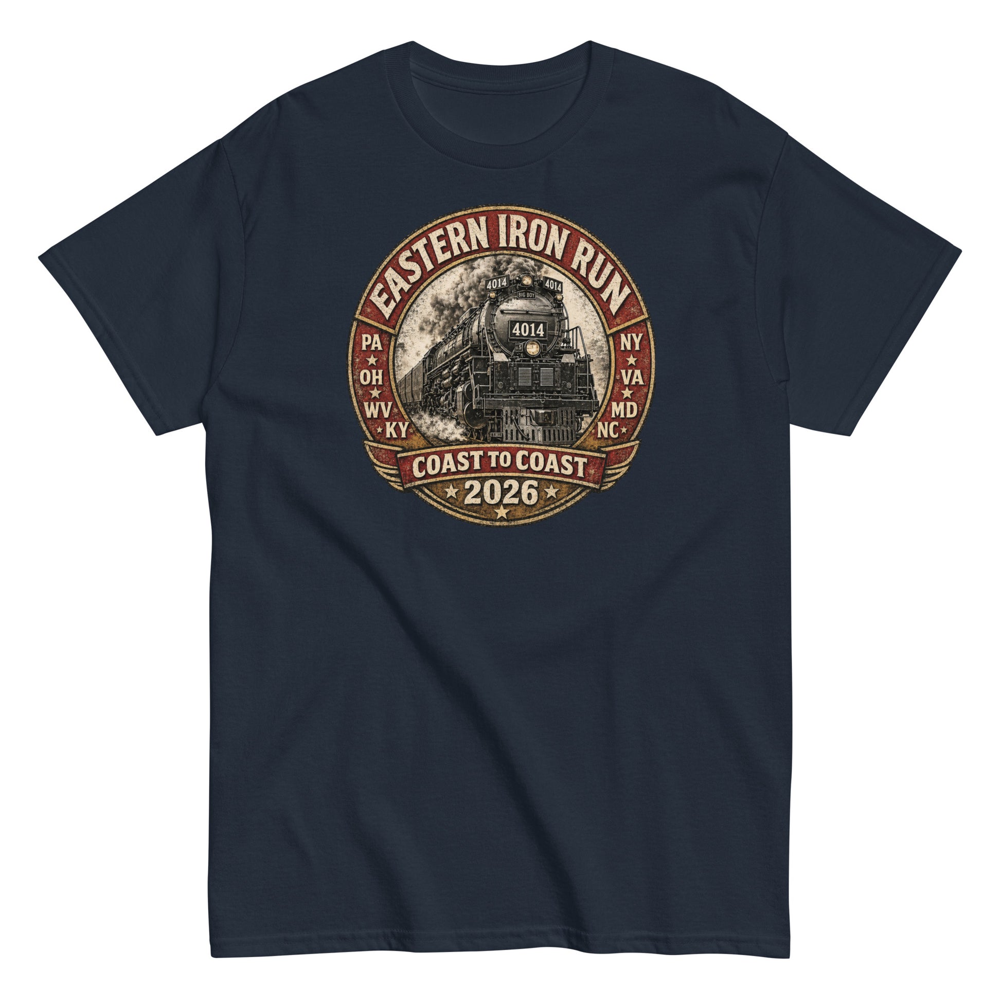 Navy t-shirt featuring a vintage graphic of the Union Pacific Big Boy 4014 steam locomotive