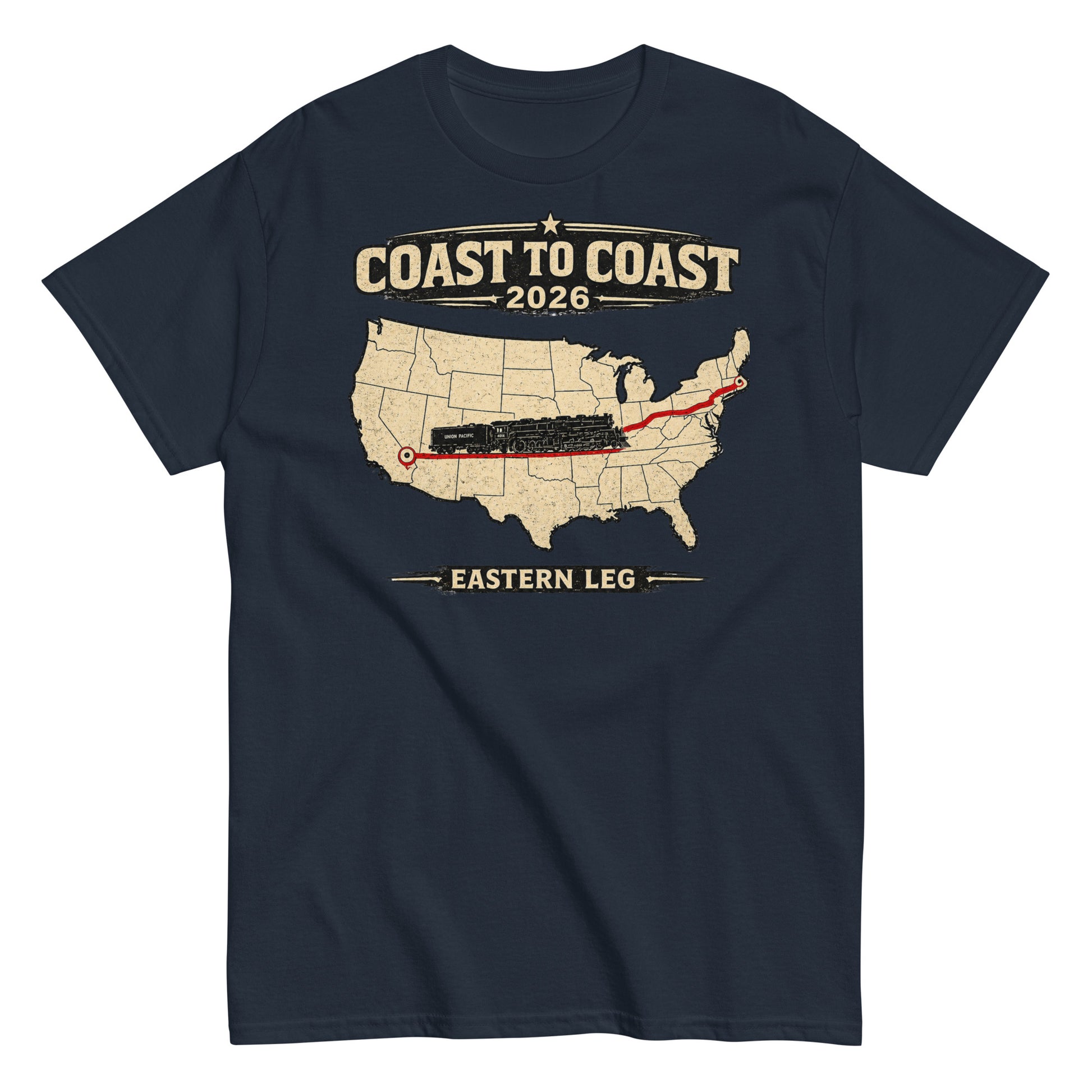Navy blue t-shirt with a map of the United States and text 'Coast to Coast 2026' on a white background