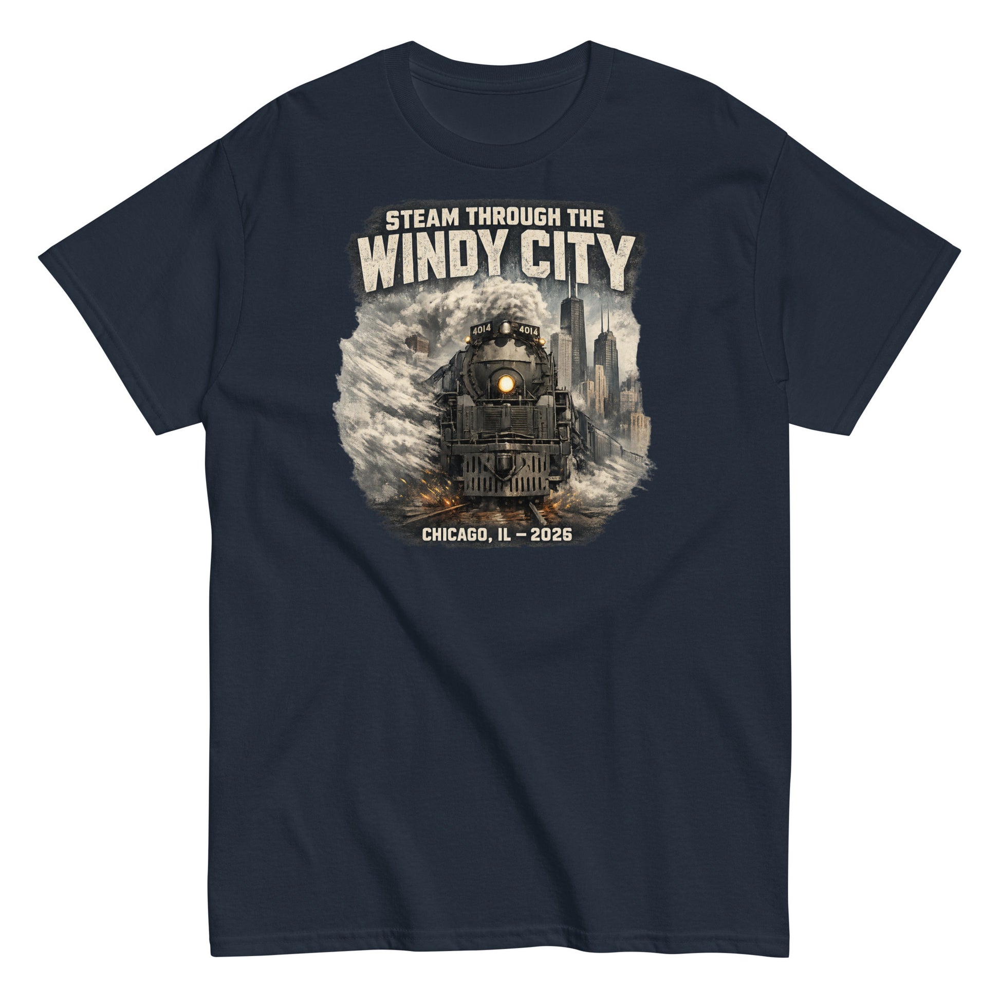 Navy t-shirt featuring a graphic of a steam locomotive emerging from smoke in front of a city skyline, with text reading "STEAM THROUGH THE WINDY CITY" at the top and "CHICAGO, IL - 2026" at the bottom.