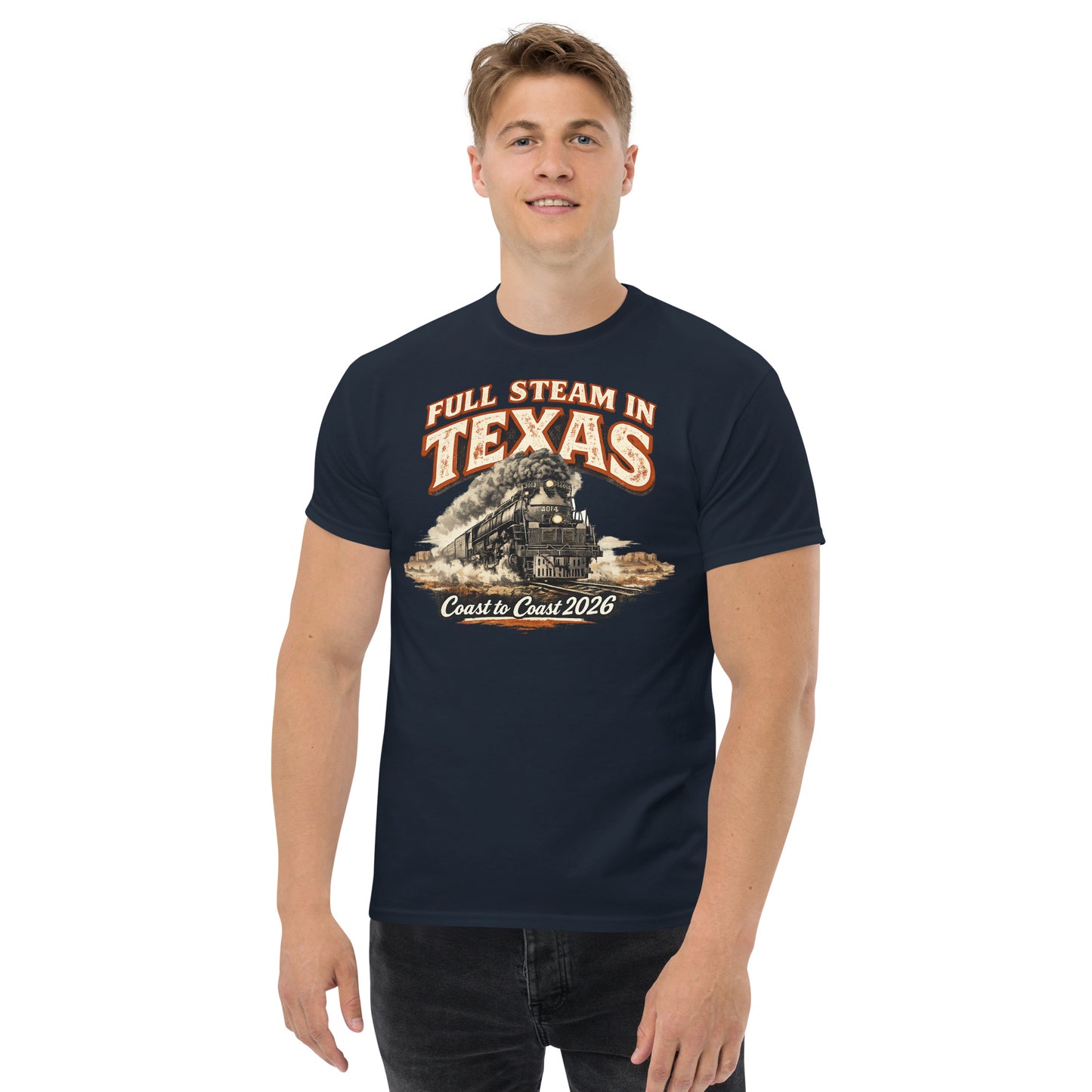 Navy t-shirt featuring the Big Boy 4014 steam locomotive traveling through a desert landscape with text reading "Full Steam In Texas" and "Coast to Coast 2026".