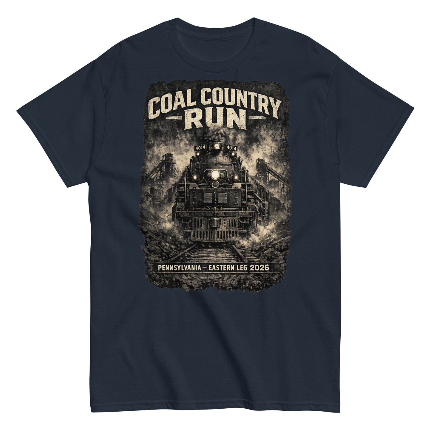 Navy t-shirt featuring a dark, gritty graphic of the Big Boy 4014 steam locomotive passing historic coal mine structures, with text reading "Coal Country Run" and "Pennsylvania - Eastern Leg 2026".