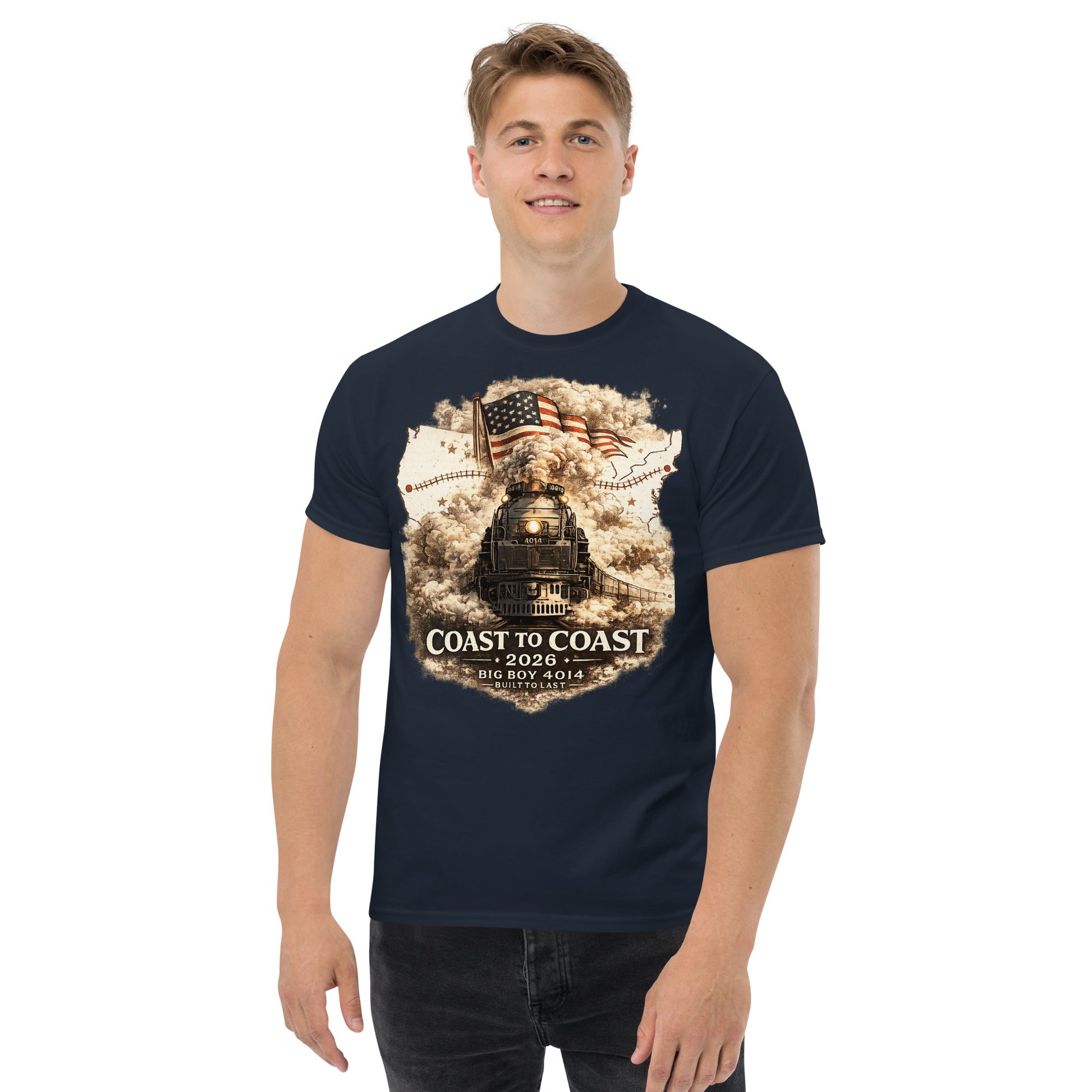 Navy t-shirt featuring the Big Boy 4014 steam locomotive, a waving American flag, and a US map showing a track route, with text reading "Coast to Coast 2026", "Big Boy 4014", and "Built To Last".