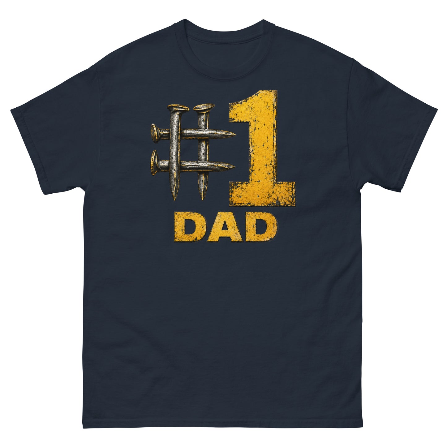 Navy t-shirt featuring a hashtag symbol made of four crossed metal railroad spikes next to a large, distressed yellow number 1, with the word DAD in matching distressed yellow text directly below.