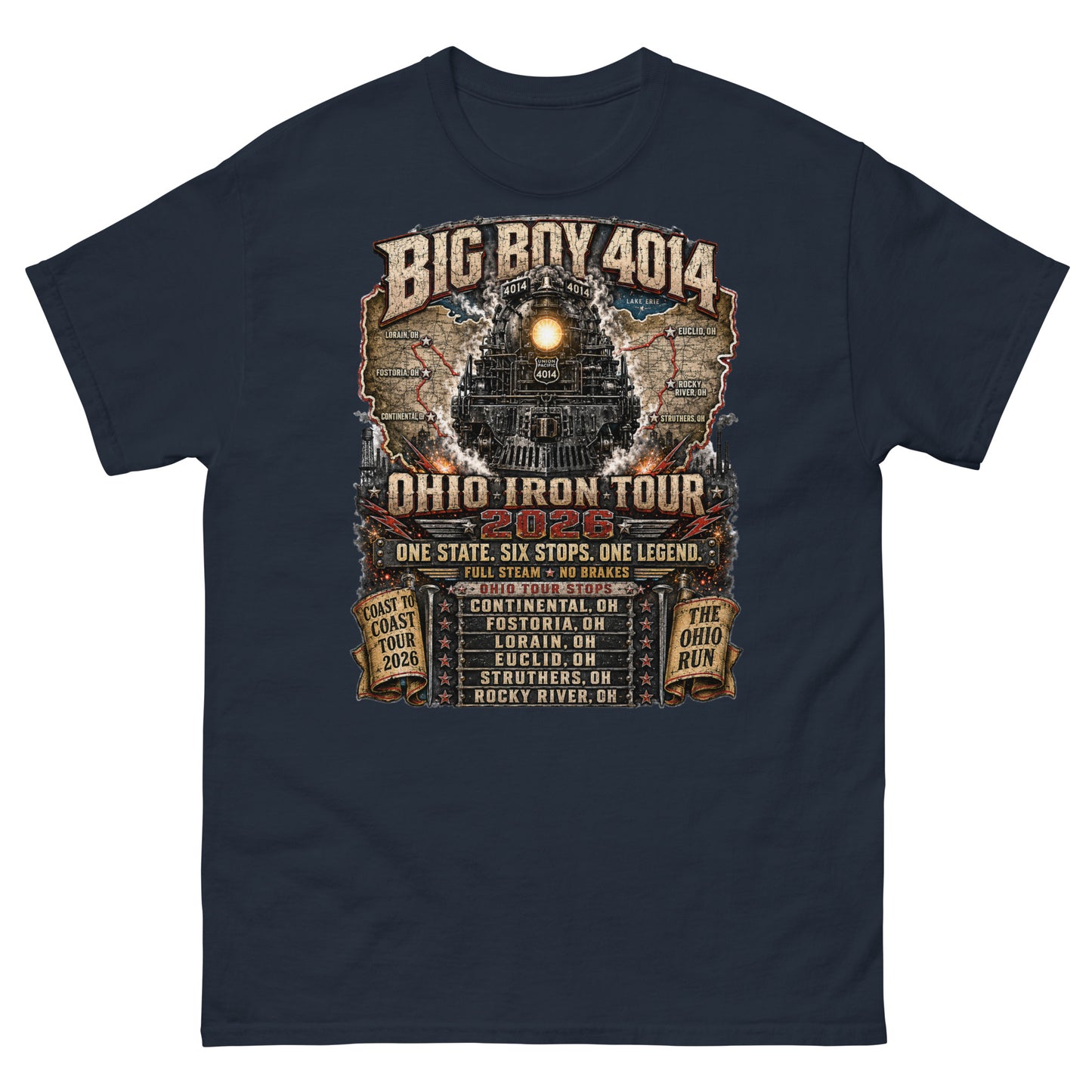 Navy t-shirt featuring a highly detailed graphic of the Big Boy 4014 steam locomotive backed by a map of Ohio. Text reads "BIG BOY 4014", "OHIO IRON TOUR 2026", "ONE STATE. SIX STOPS. ONE LEGEND.", alongside banners for "COAST TO COAST TOUR 2026" and "THE OHIO RUN", plus a detailed roster of six Ohio tour stops.