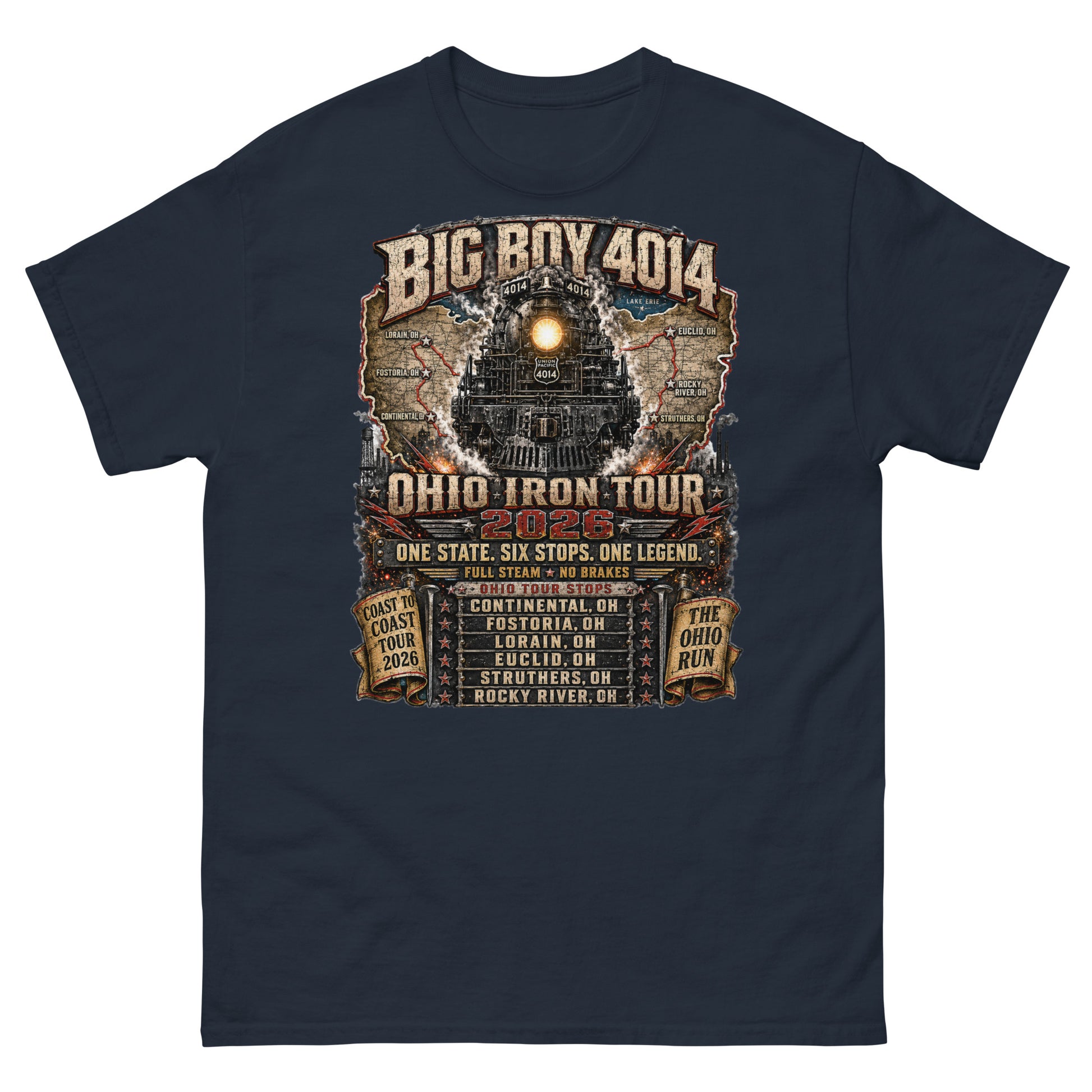 Navy t-shirt featuring a highly detailed graphic of the Big Boy 4014 steam locomotive backed by a map of Ohio. Text reads "BIG BOY 4014", "OHIO IRON TOUR 2026", "ONE STATE. SIX STOPS. ONE LEGEND.", alongside banners for "COAST TO COAST TOUR 2026" and "THE OHIO RUN", plus a detailed roster of six Ohio tour stops.