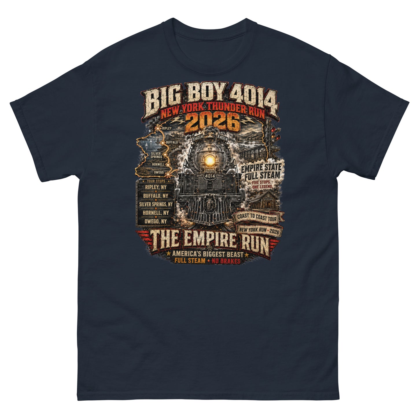 Black t-shirt featuring a highly detailed graphic of the Big Boy 4014 steam locomotive backed by a map of New York state. Text reads "BIG BOY 4014", "NEW YORK THUNDER RUN 2026", "THE EMPIRE RUN", alongside banners for "EMPIRE STATE FULL STEAM" and "COAST TO COAST TOUR", plus a detailed roster of five New York tour stops: Ripley, Buffalo, Silver Springs, Hornell, and Owego.