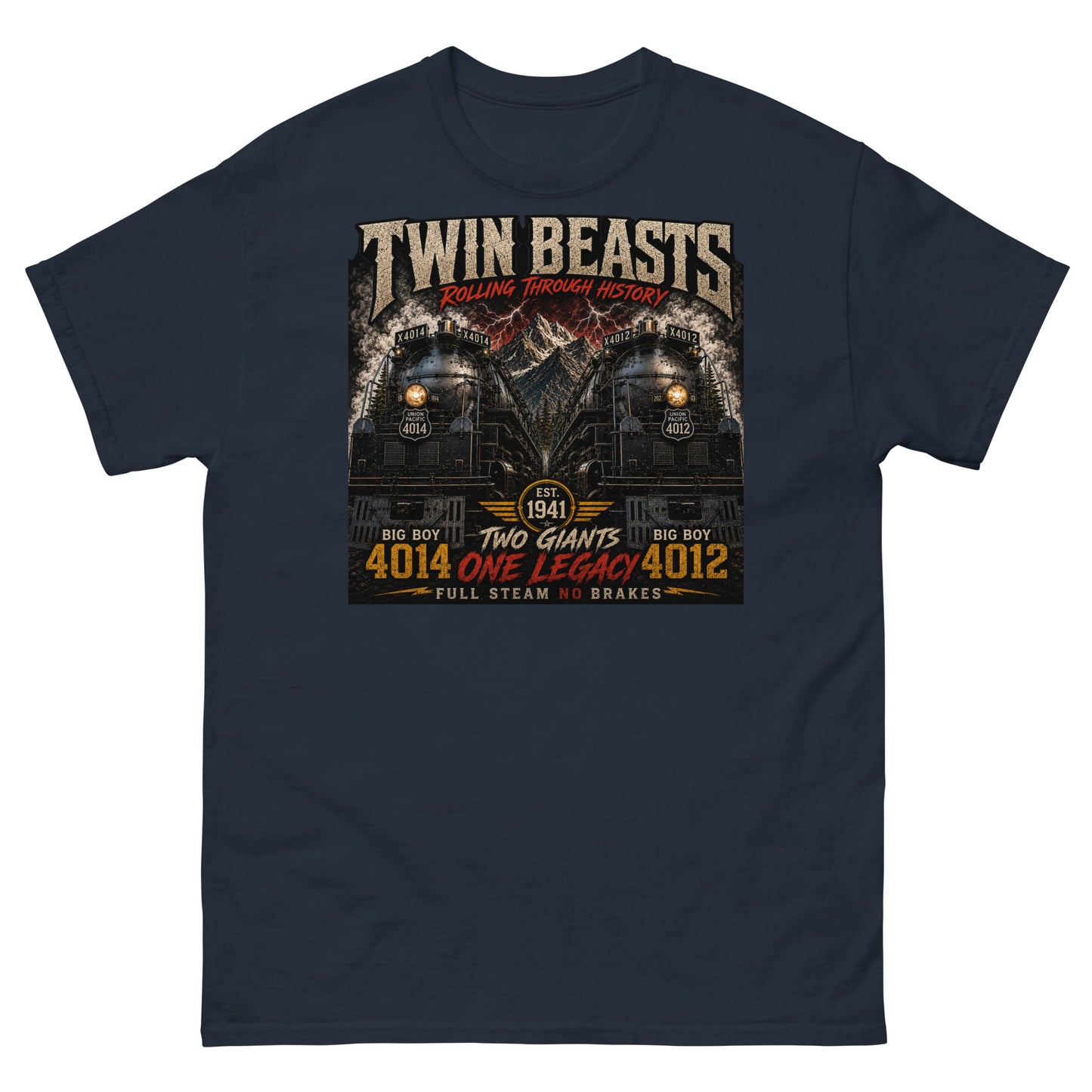 Navy t-shirt featuring a symmetrical graphic of two steam locomotives, Big Boy 4014 on the left and Big Boy 4012 on the right, side-by-side in front of a mountain range with red lightning strikes. Text reads "TWIN BEASTS", "ROLLING THROUGH HISTORY", "EST. 1941", "TWO GIANTS ONE LEGACY", and "FULL STEAM NO BRAKES".