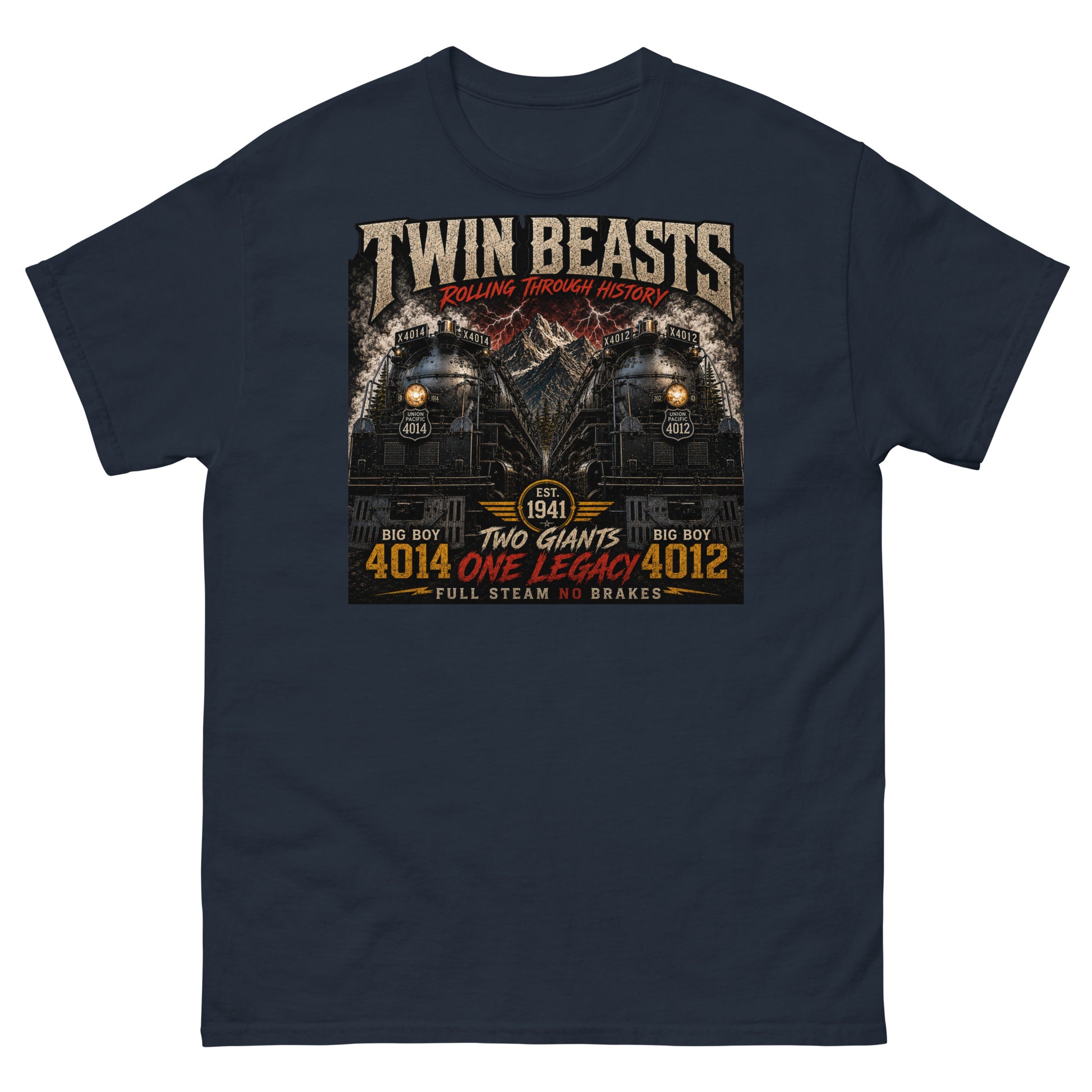 Navy t-shirt featuring a symmetrical graphic of two steam locomotives, Big Boy 4014 on the left and Big Boy 4012 on the right, side-by-side in front of a mountain range with red lightning strikes. Text reads "TWIN BEASTS", "ROLLING THROUGH HISTORY", "EST. 1941", "TWO GIANTS ONE LEGACY", and "FULL STEAM NO BRAKES".