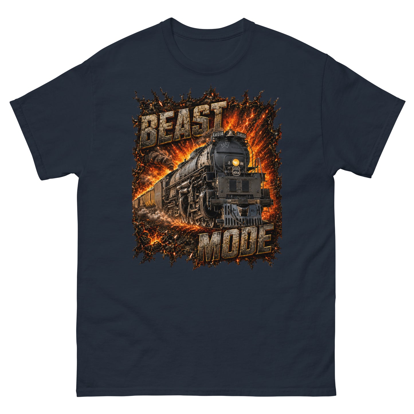 Navy classic t-shirt featuring a high-impact graphic of the Big Boy 4014 steam locomotive bursting forward out of a fiery, orange and yellow explosion. Large, distressed steel-textured text reads "BEAST" at the top left and "MODE" at the bottom right.