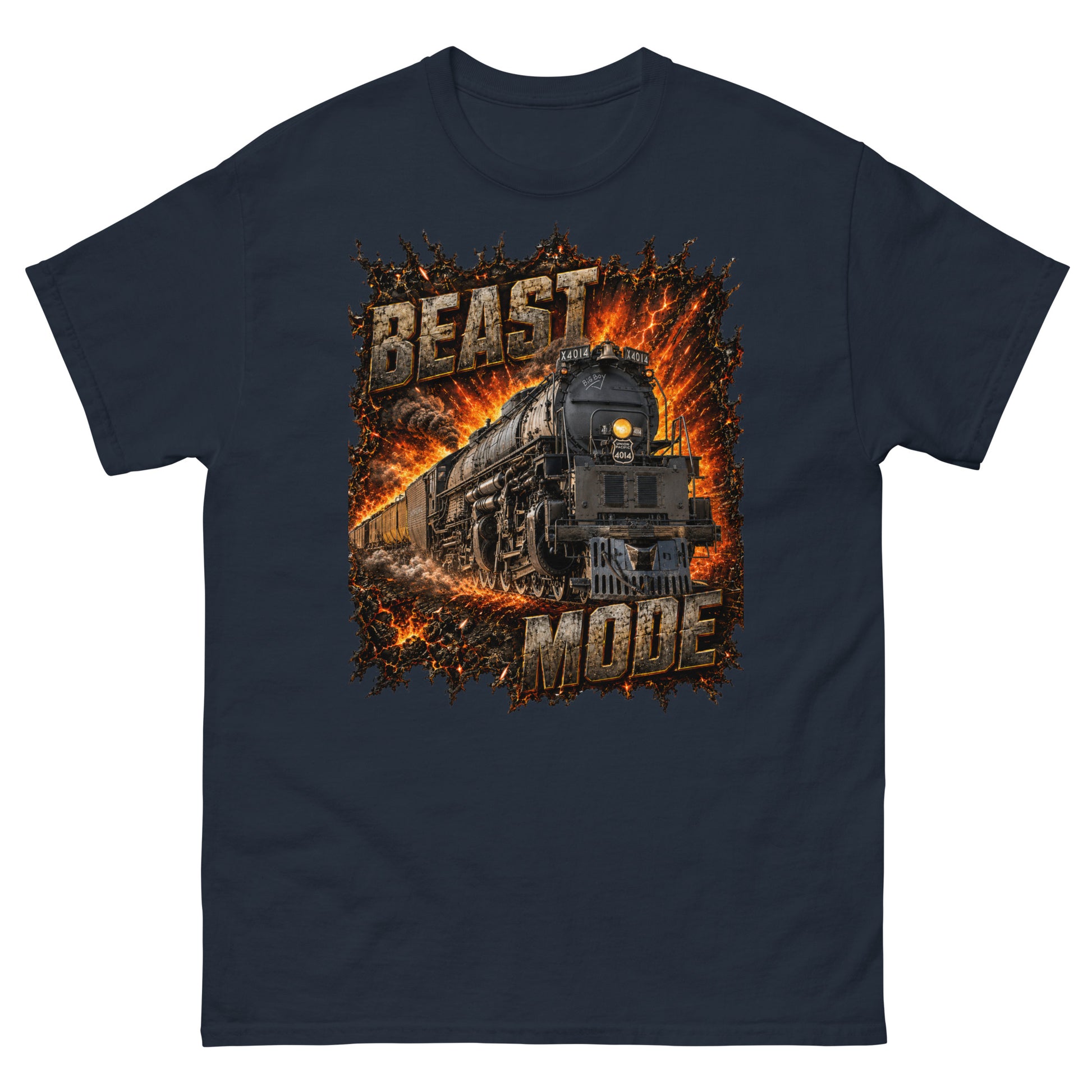 Navy classic t-shirt featuring a high-impact graphic of the Big Boy 4014 steam locomotive bursting forward out of a fiery, orange and yellow explosion. Large, distressed steel-textured text reads "BEAST" at the top left and "MODE" at the bottom right.