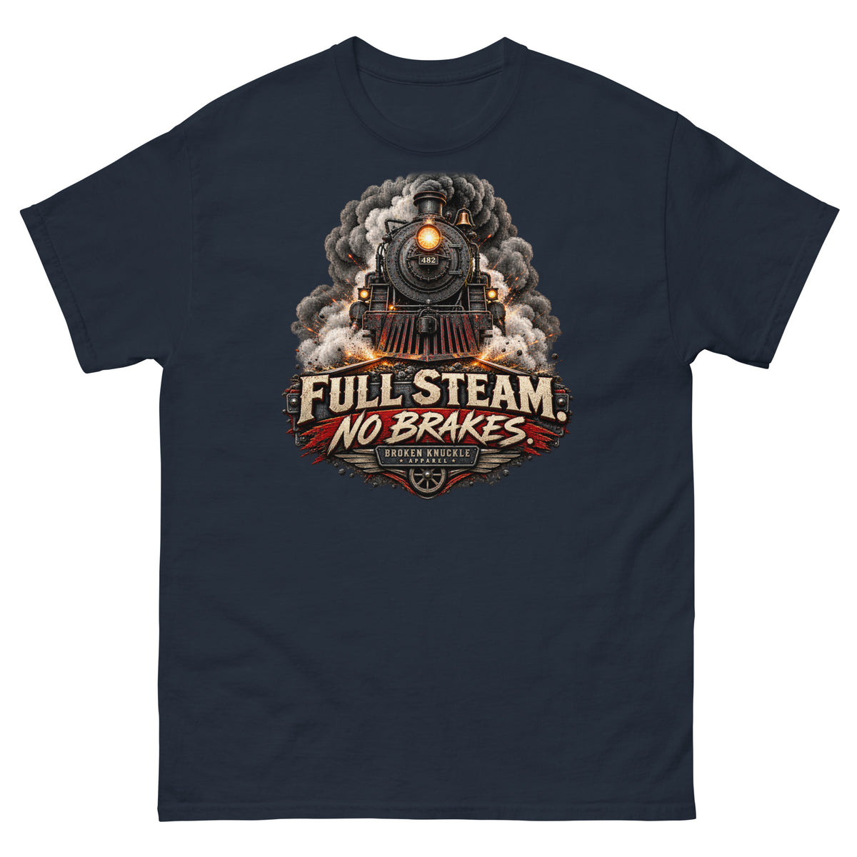 Navy classic t-shirt featuring an explosive graphic of a front-facing steam locomotive bursting through smoke and fiery sparks. Bold, distressed vintage text reads "FULL STEAM. NO BRAKES." above a winged train wheel badge that reads "BROKEN KNUCKLE APPAREL".