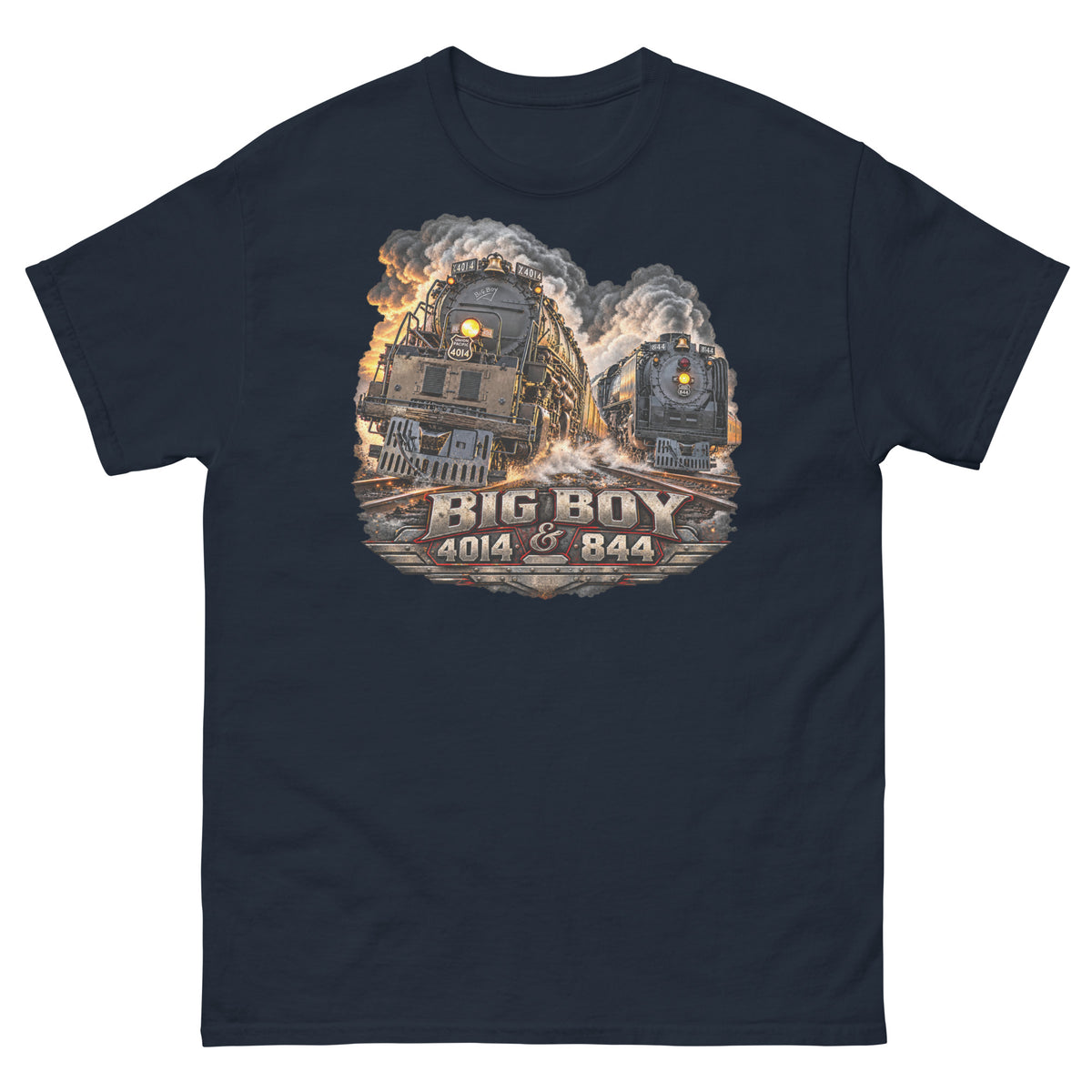 Navy classic t-shirt featuring a highly detailed graphic of the Big Boy 4014 and 844 steam locomotives charging down the tracks side-by-side surrounded by smoke and steam. Bold, metallic-style text at the bottom reads "BIG BOY 4014 & 844" on a distressed vintage badge.   