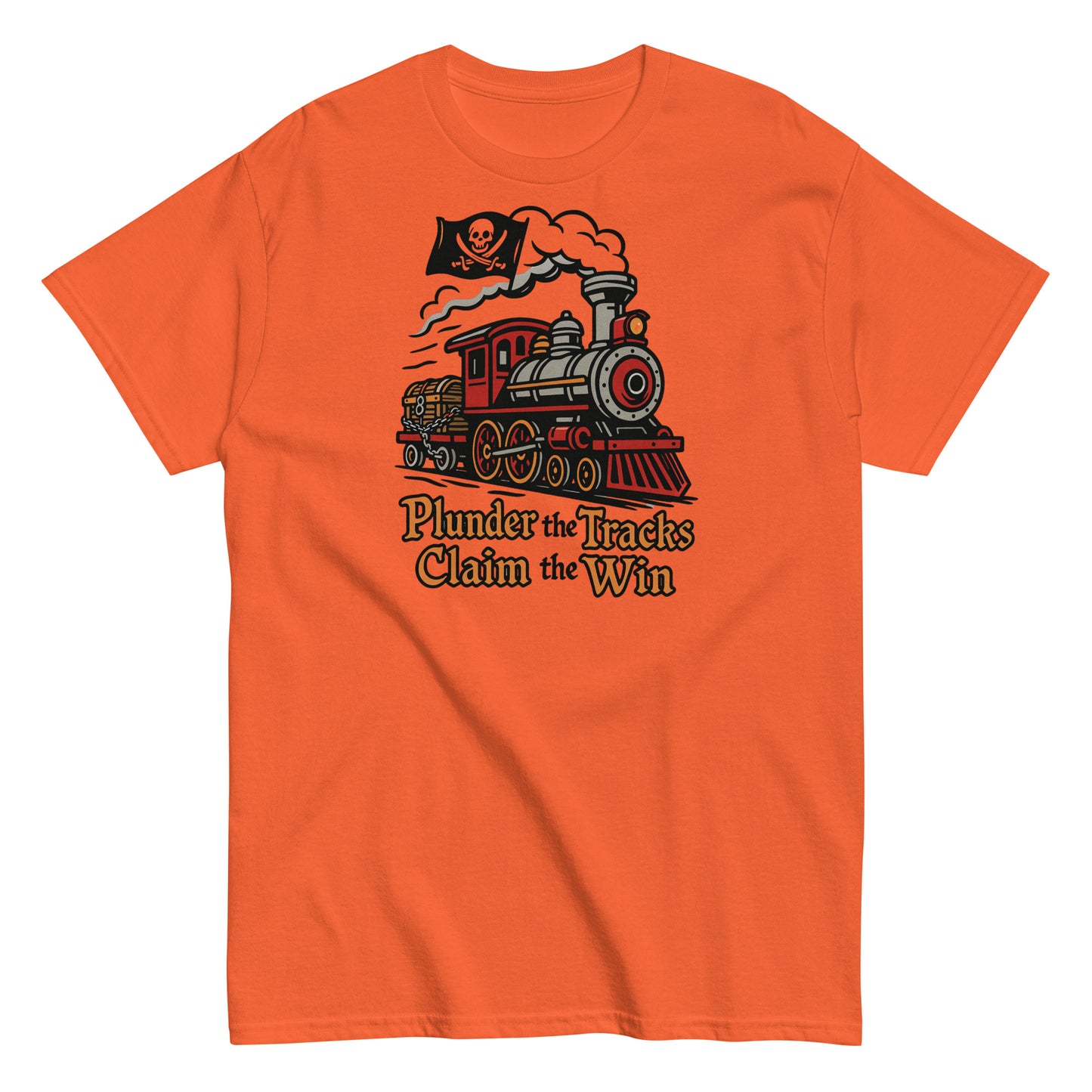 Orange t-shirt with a train graphic and text on a white background