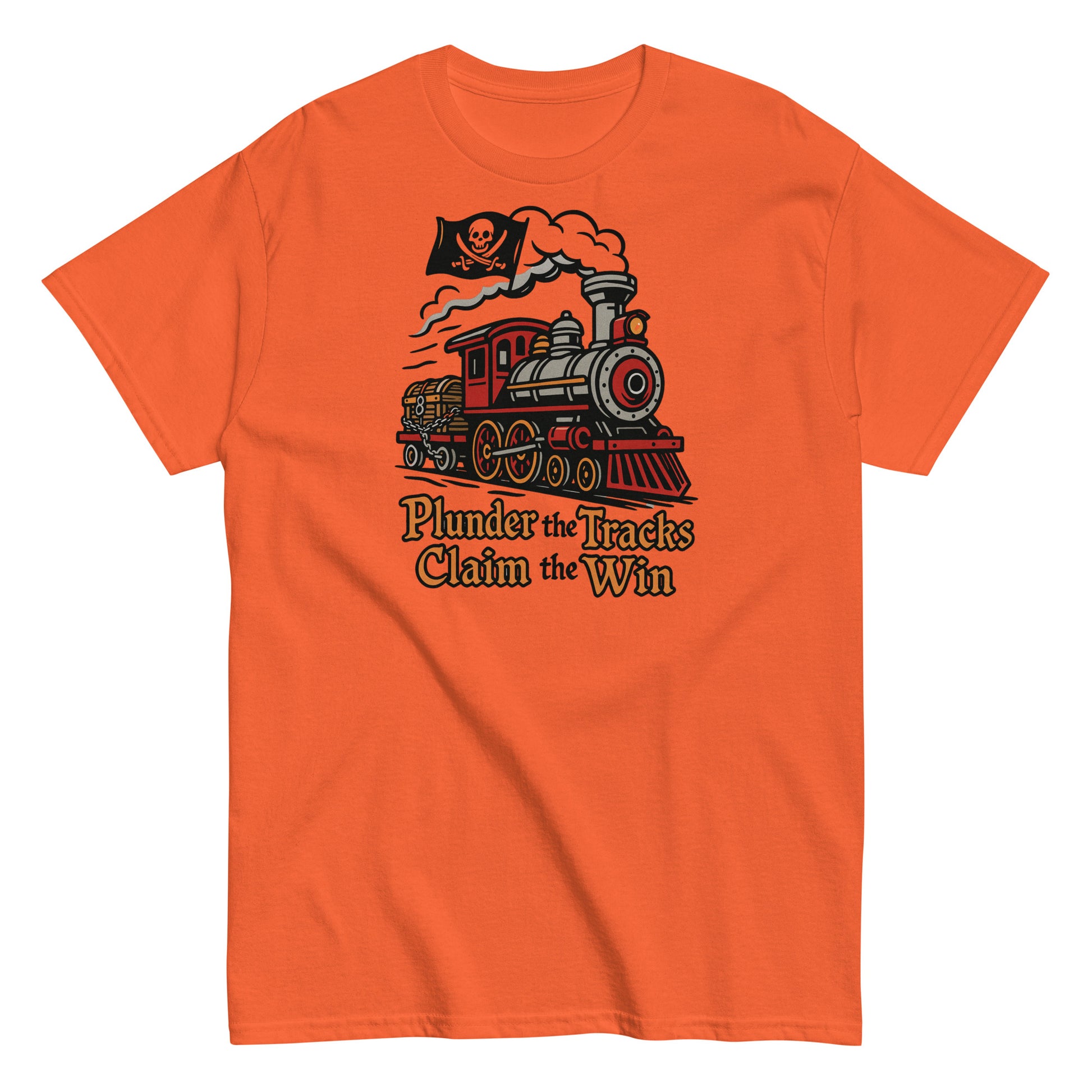 Orange t-shirt with a train graphic and text on a white background