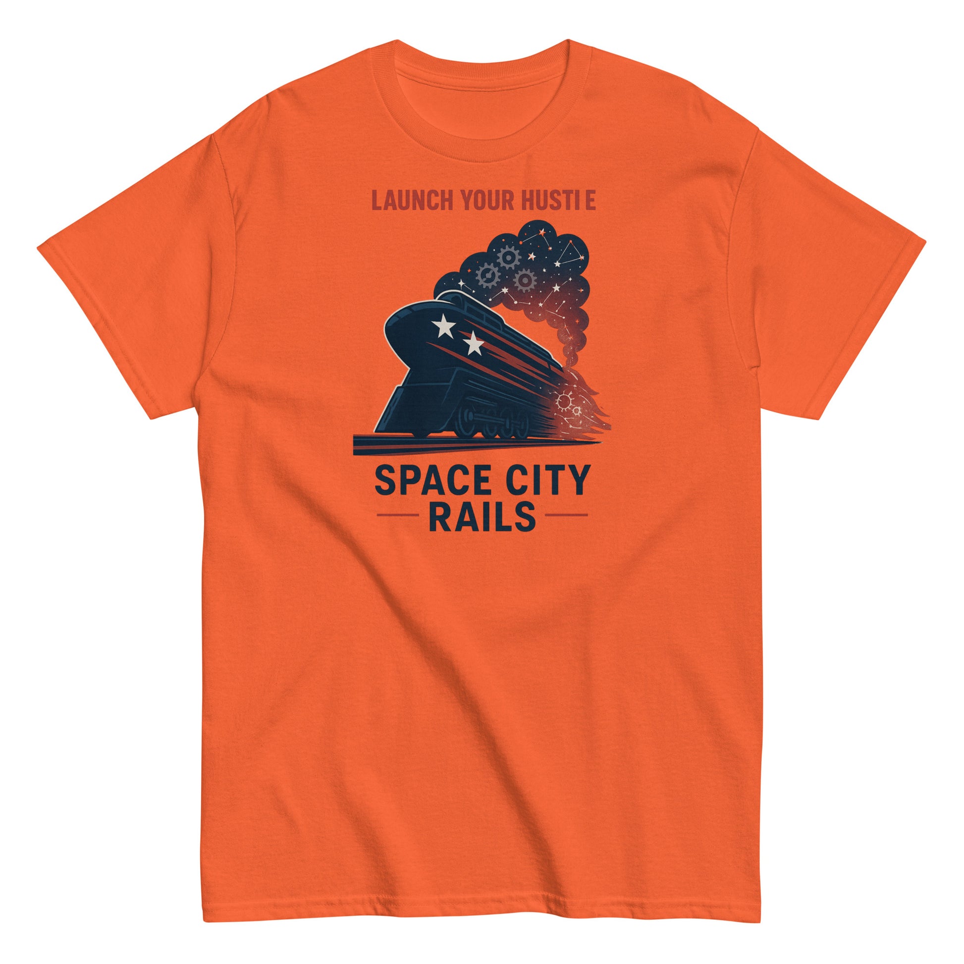 Orange t-shirt with a graphic of a train and text 'Space City Rails' on a white background