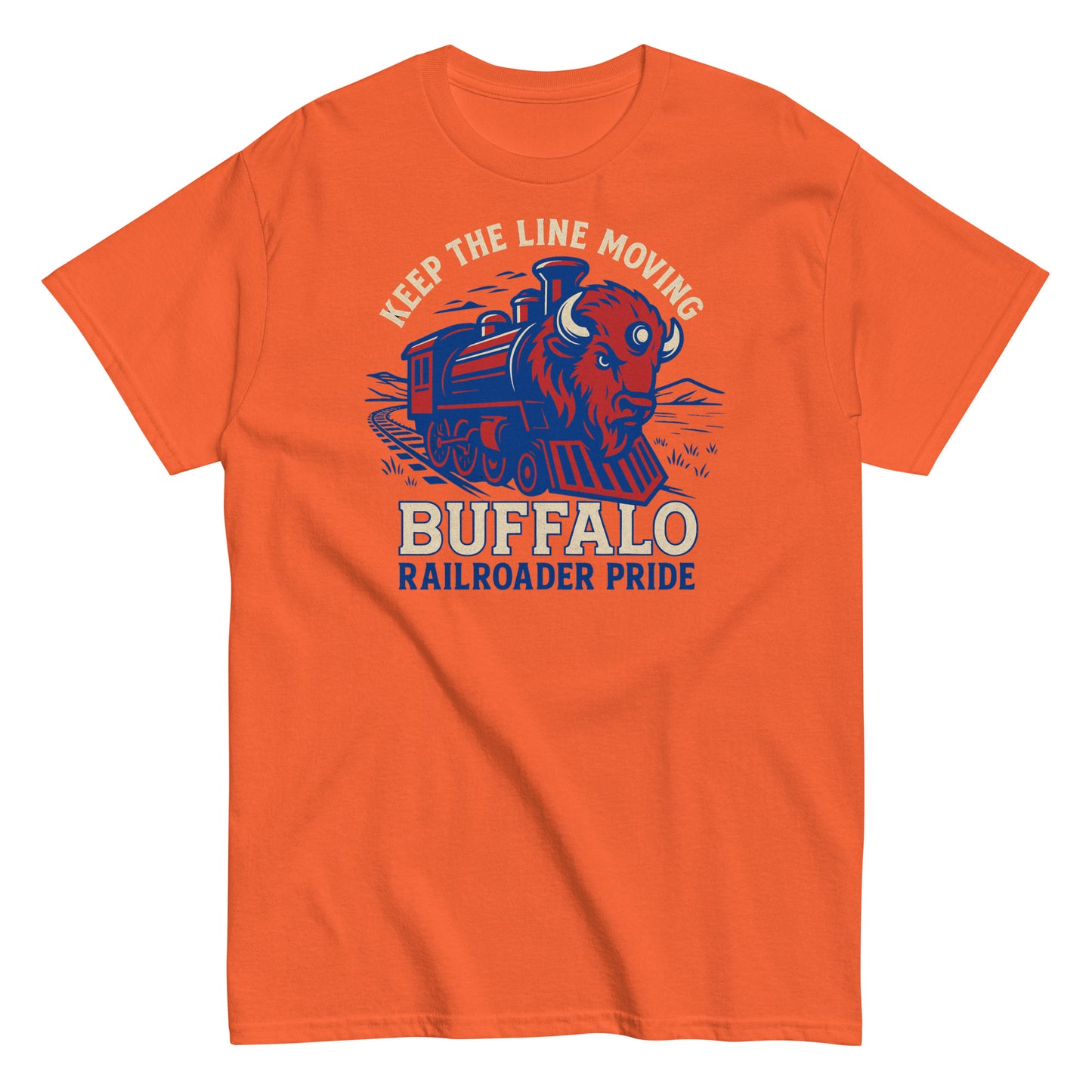 Orange t-shirt with a graphic of a train and buffalo, text 'Keep the Line Moving Buffalo Railroader Pride' on a white background.