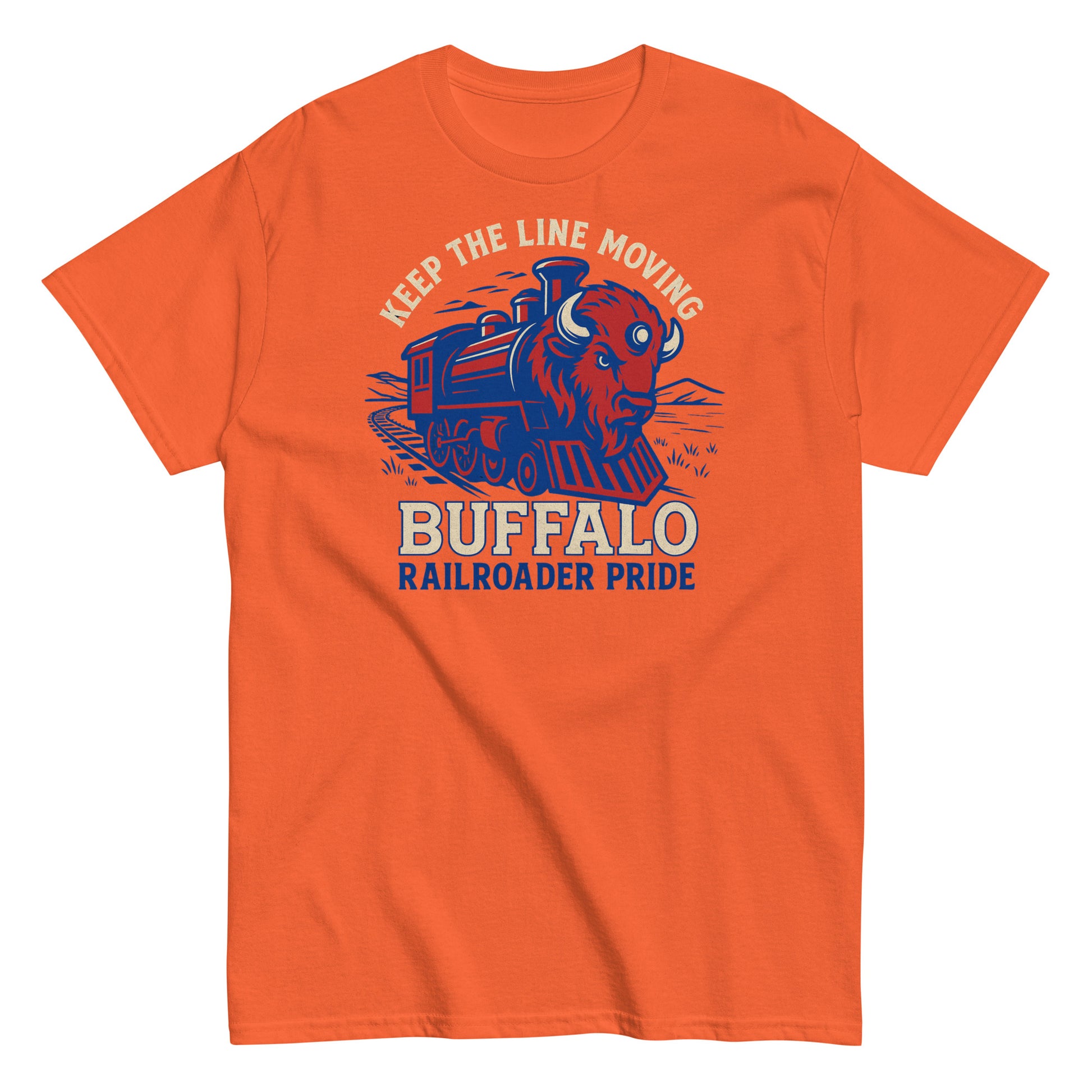 Orange t-shirt with a graphic of a train and buffalo, text 'Keep the Line Moving Buffalo Railroader Pride' on a white background.