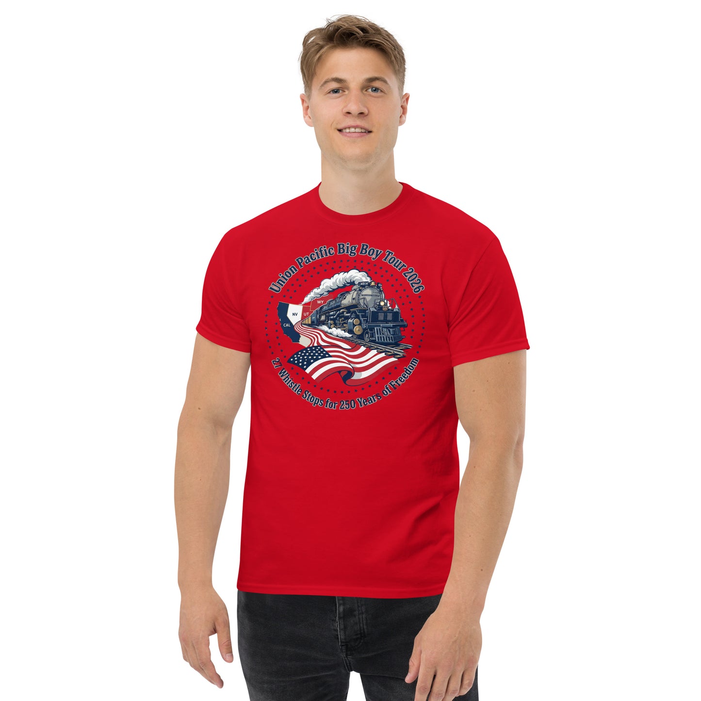 Man wearing a red t-shirt with a graphic design on a white background