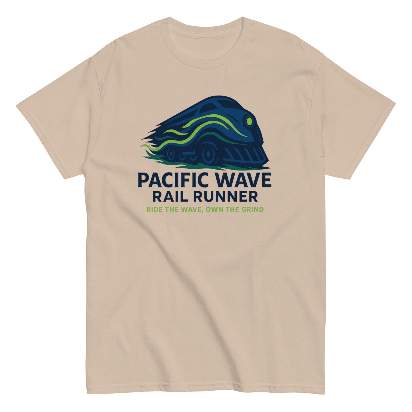 Beige t-shirt with a graphic of a train and text 'Pacific Wave Rail Runner' on a white background
