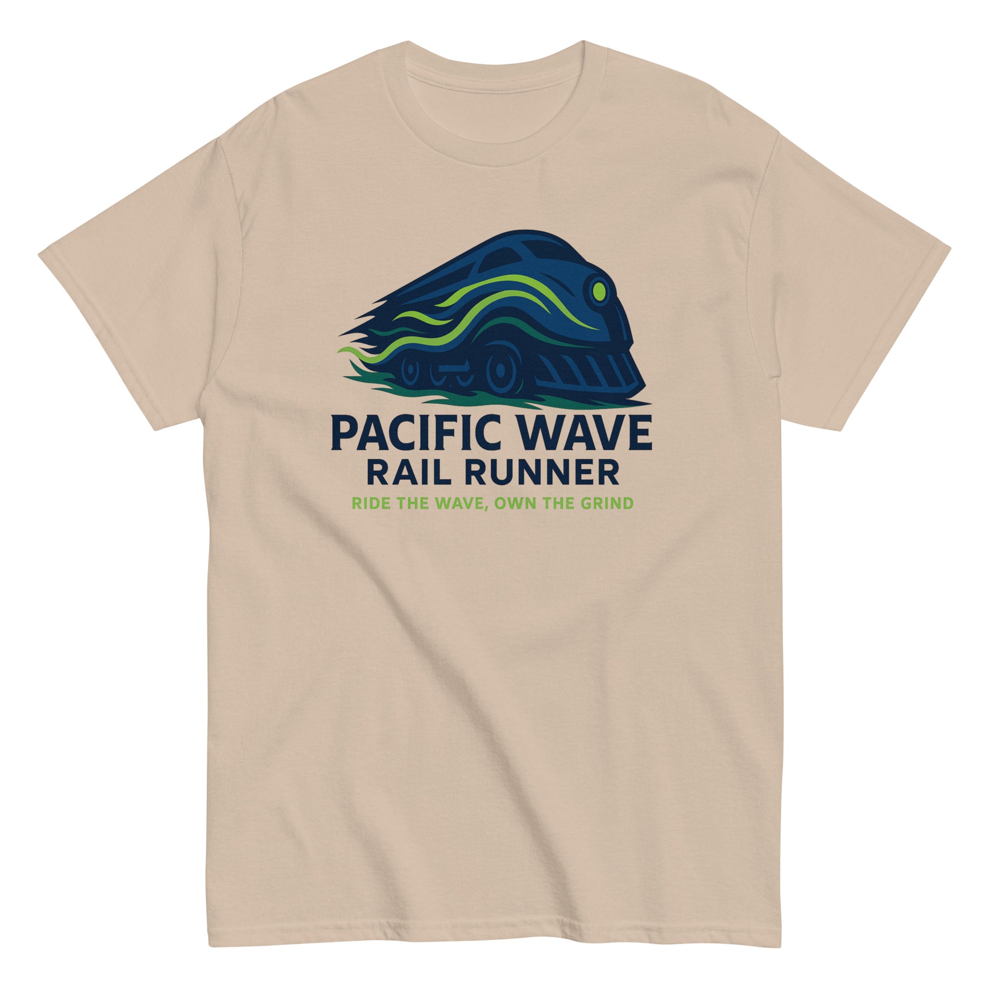 Beige t-shirt with a graphic of a train and text 'Pacific Wave Rail Runner' on a white background