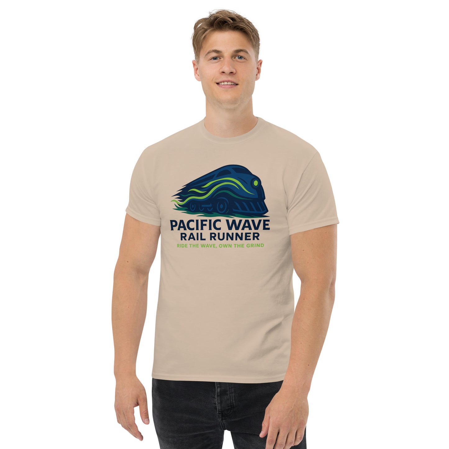 Man wearing a beige t-shirt with 'Pacific Wave Rail Runner' design on a white background