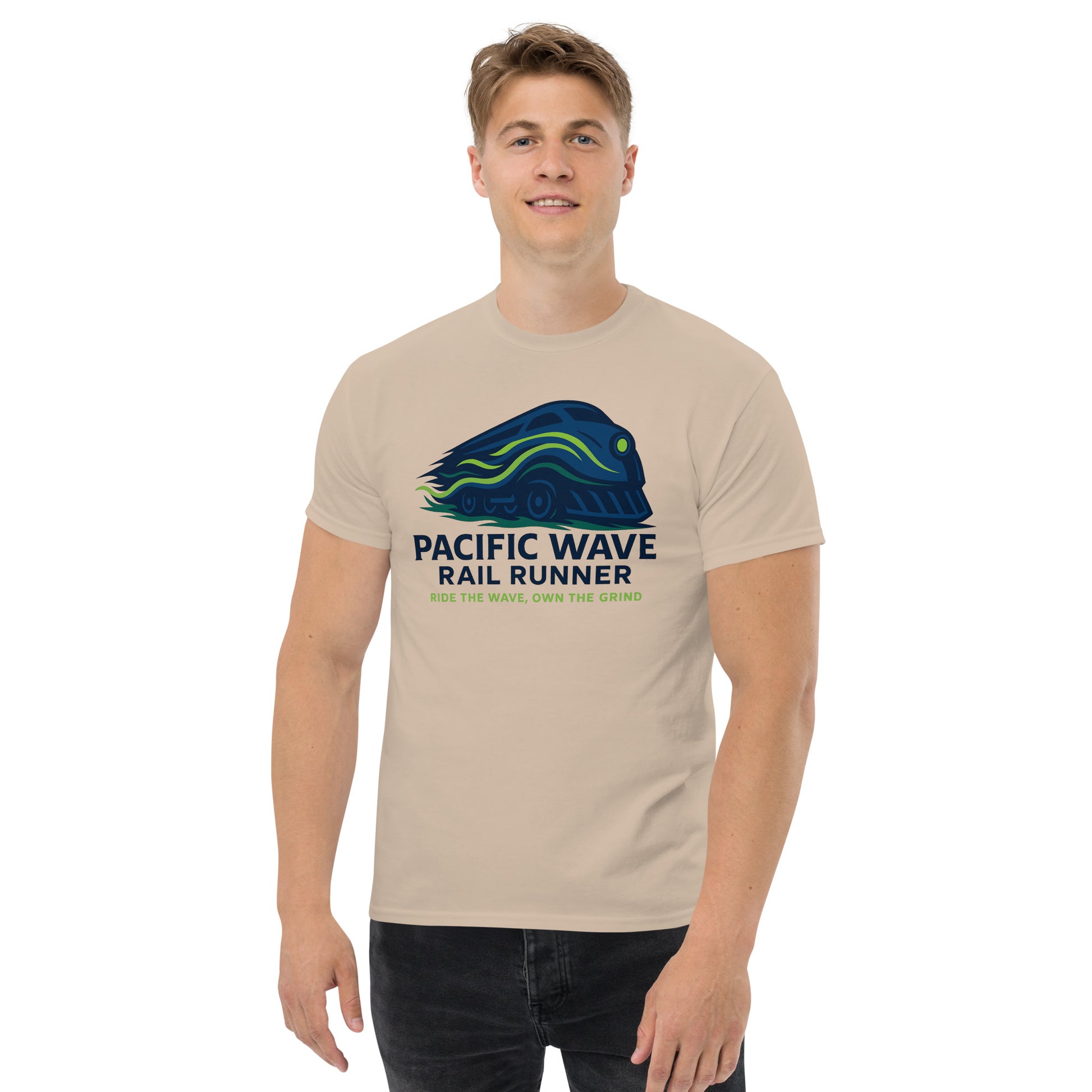 Man wearing a beige t-shirt with 'Pacific Wave Rail Runner' design on a white background