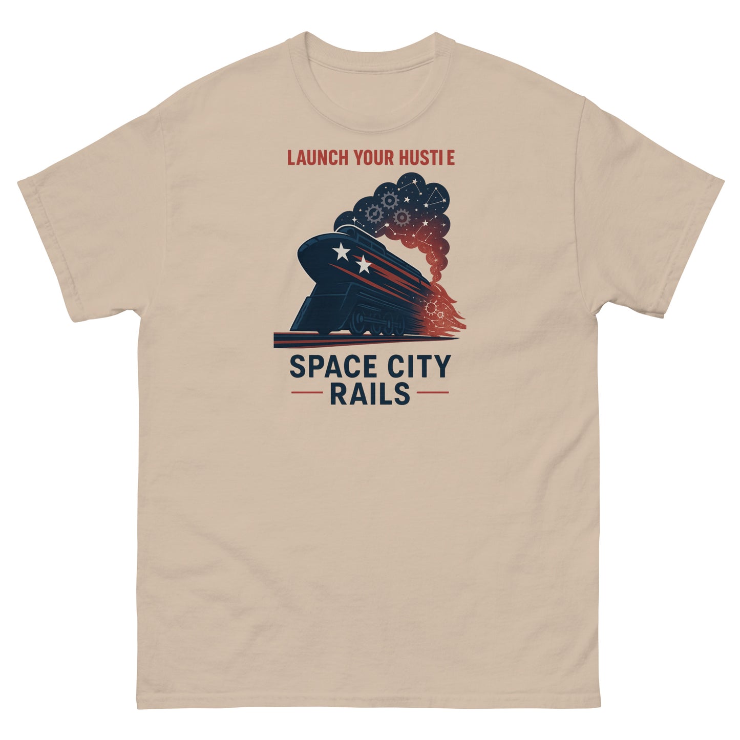 Beige t-shirt with graphic design and text 'Launch Your Hustle Space City Rails' on a white background