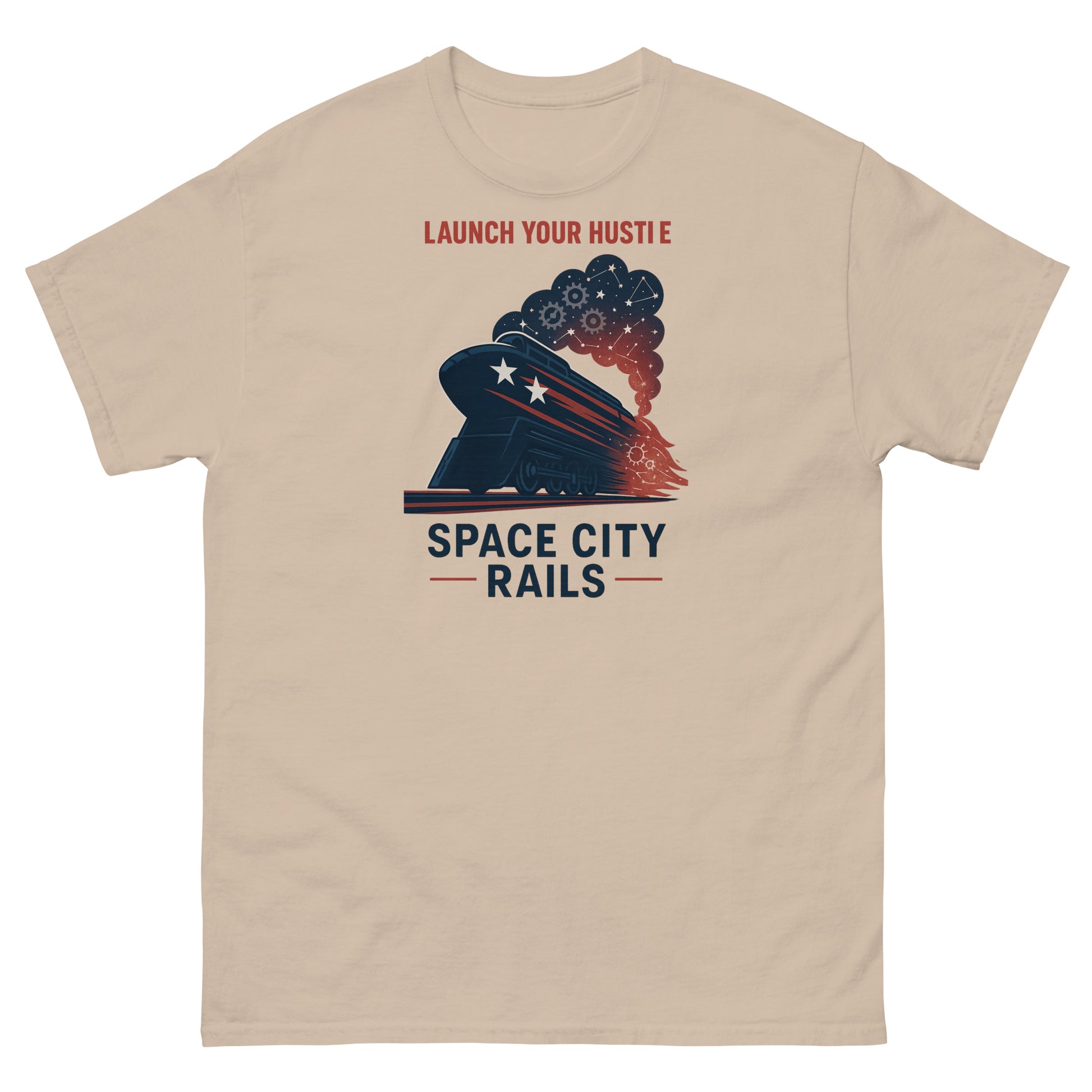 Beige t-shirt with graphic design and text 'Launch Your Hustle Space City Rails' on a white background
