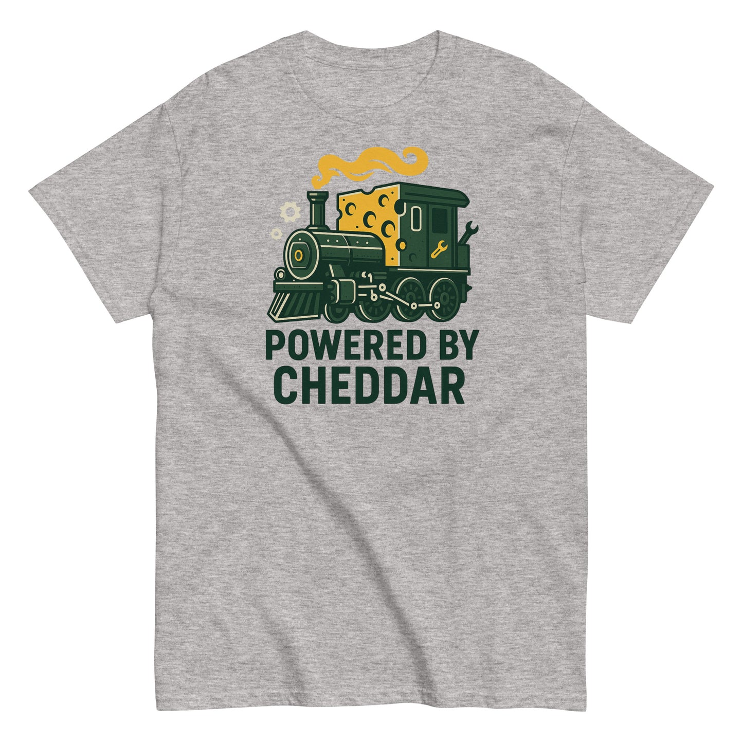 Gray t-shirt with a train graphic and 'Powered by Cheddar' text on a white background