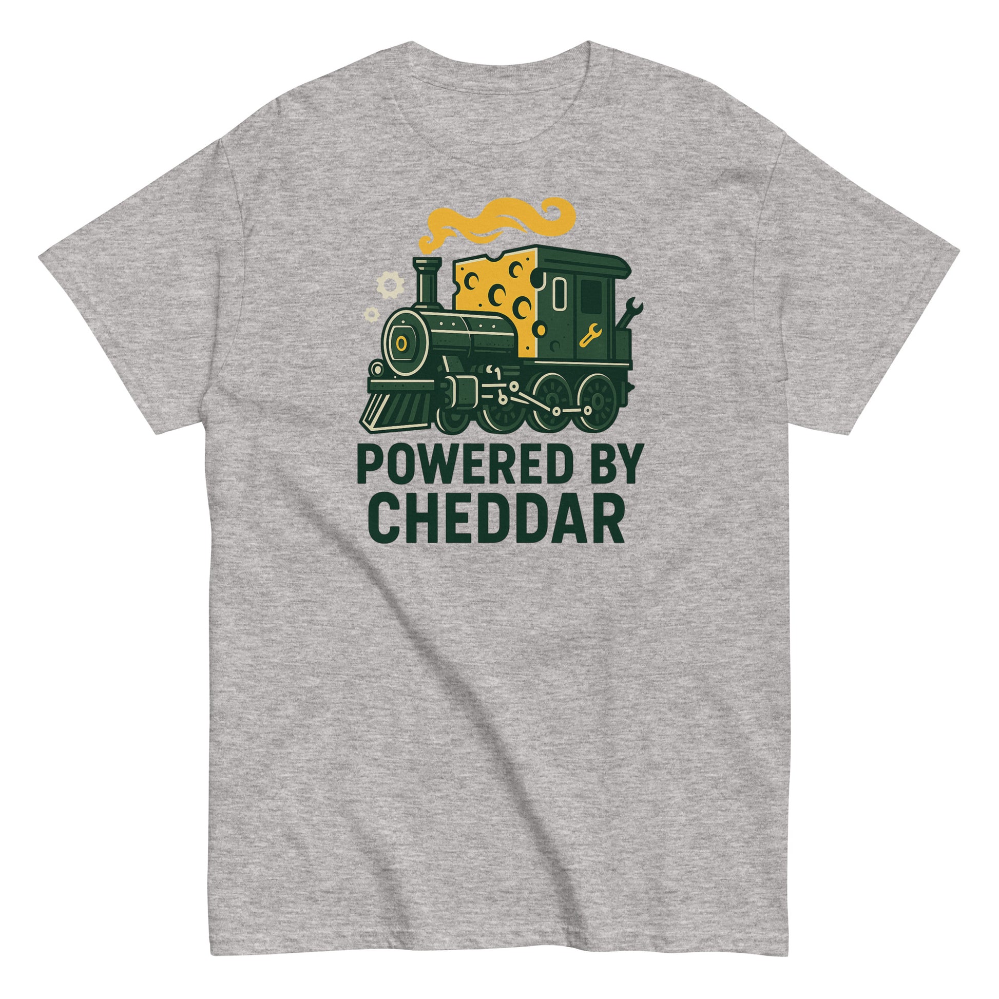 Gray t-shirt with a train graphic and 'Powered by Cheddar' text on a white background