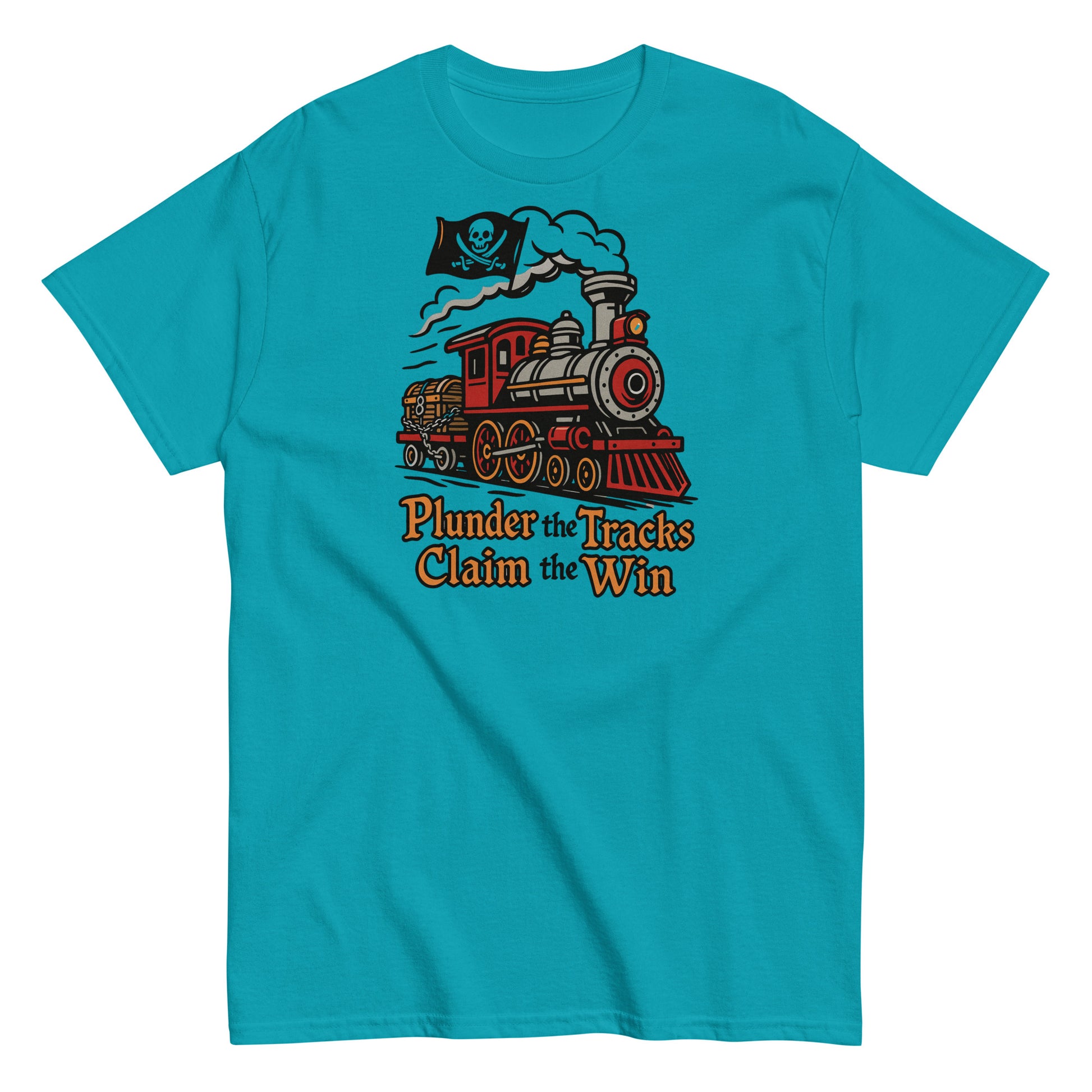 Blue t-shirt with a train graphic and text on a white background