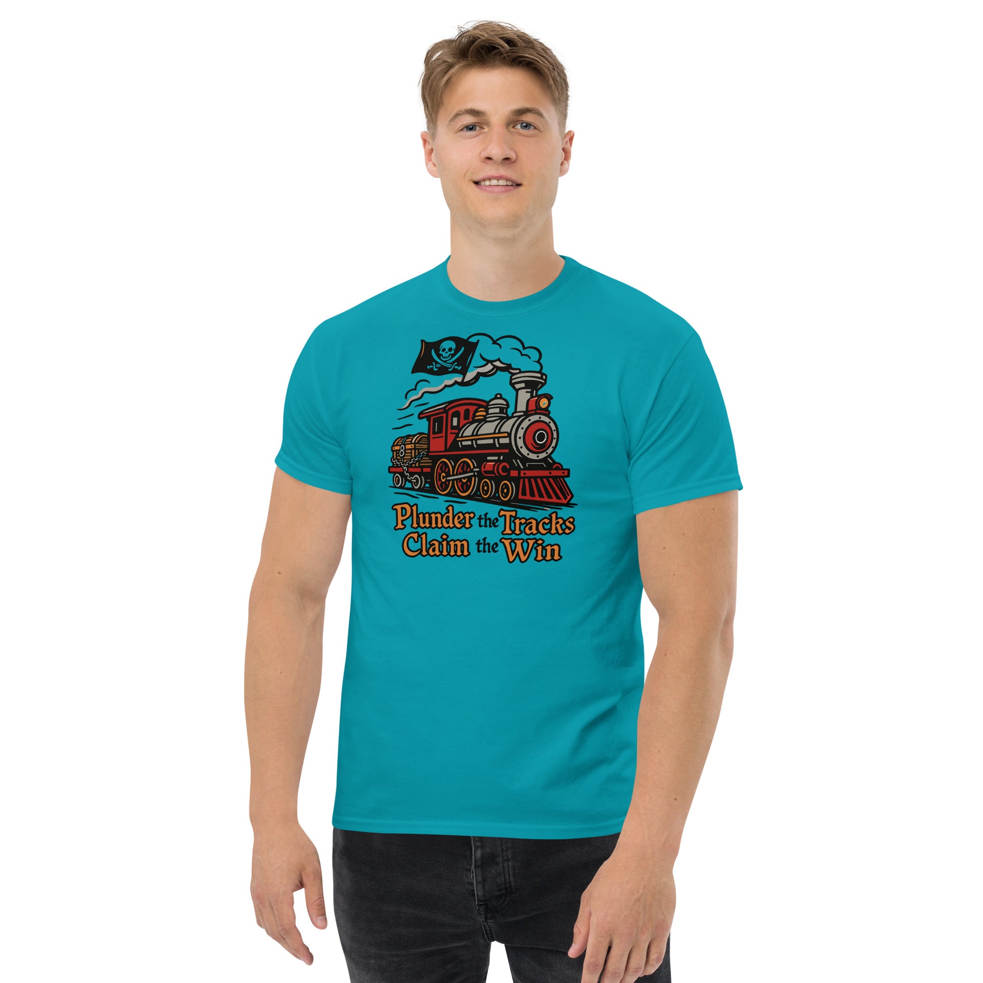 Person wearing a turquoise t-shirt with a train graphic and text on a white background