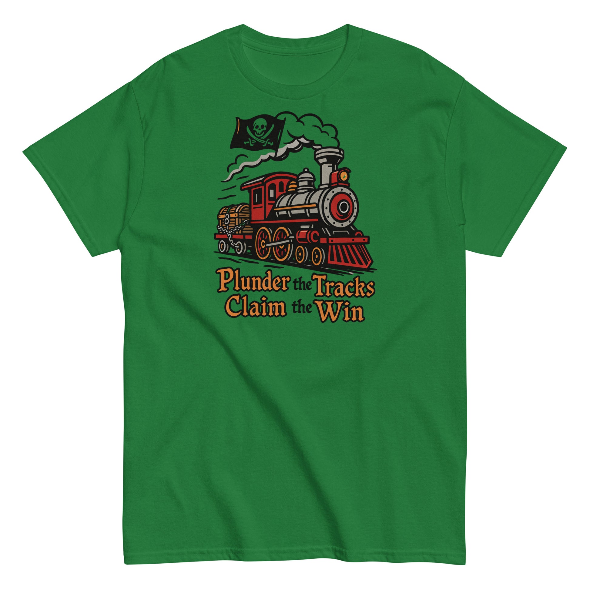 Green t-shirt with a train graphic and text 'Plunder the Tracks Claim the Win' on a white background