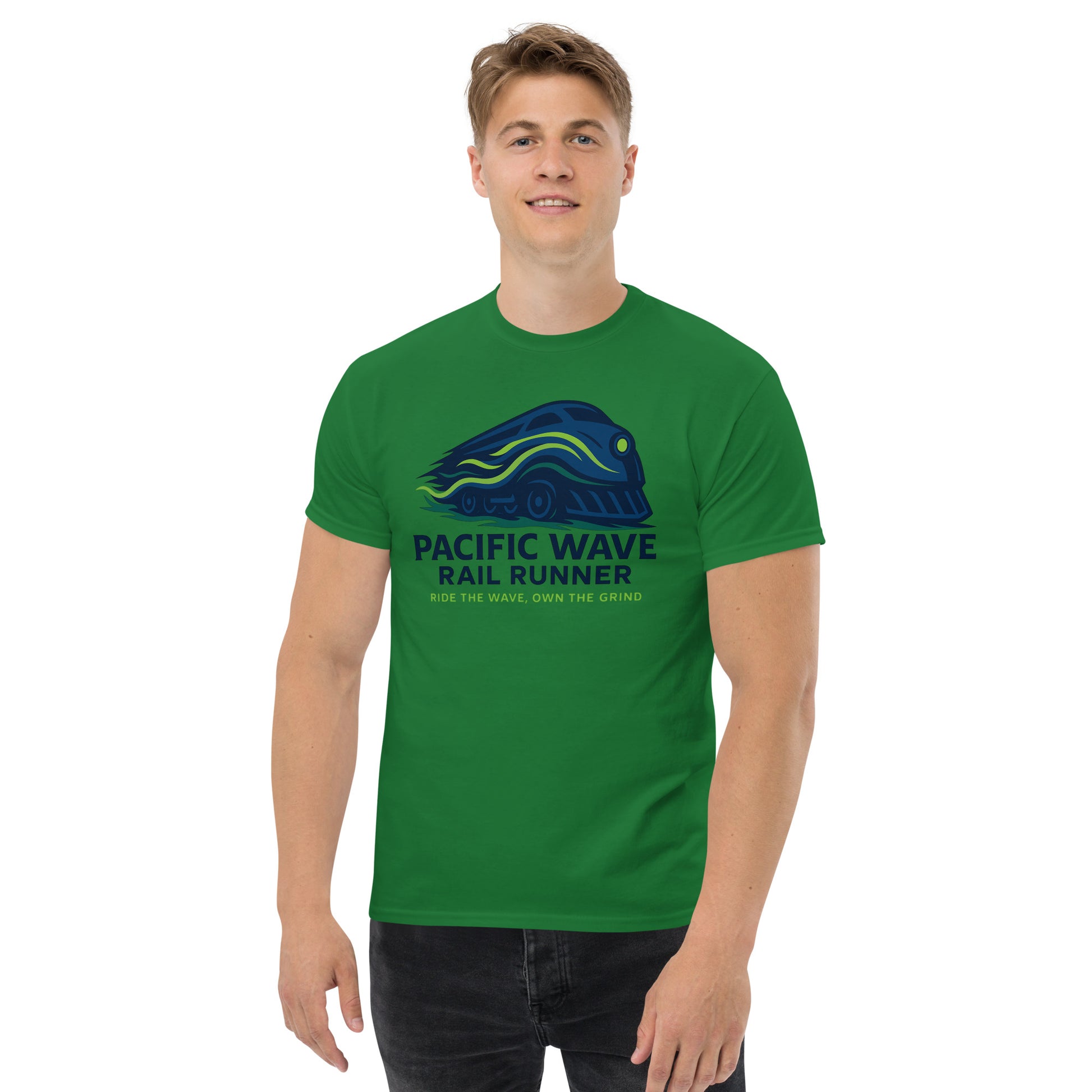 Man wearing a green t-shirt with 'Pacific Wave Rail Runner' design on a white background