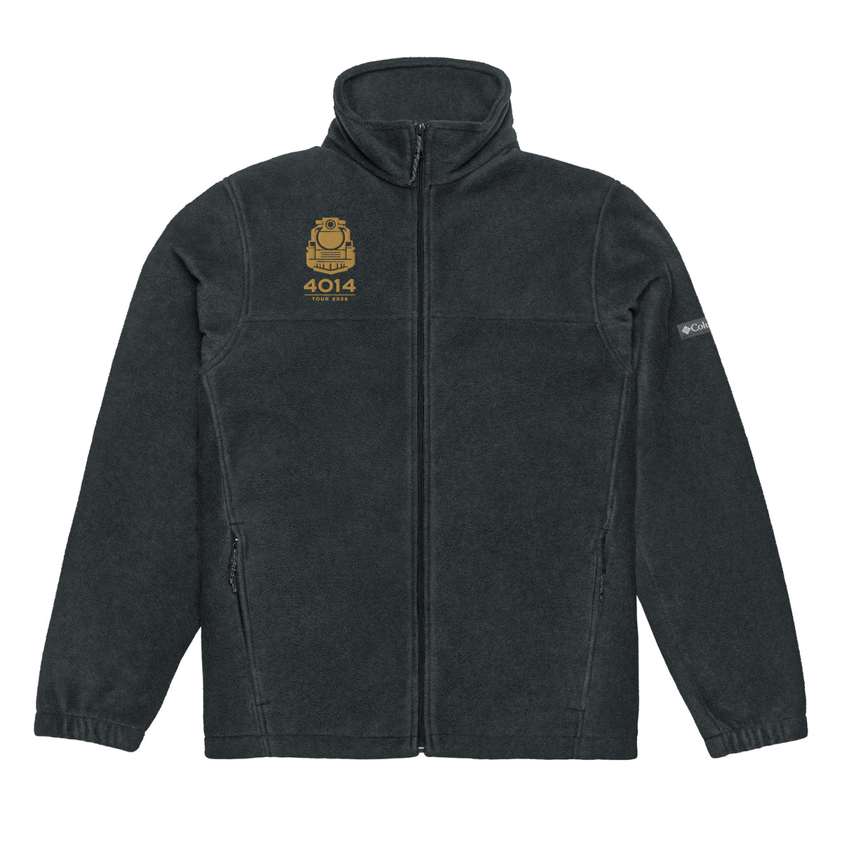 Dark grey Columbia full-zip fleece jacket featuring a gold embroidered graphic of a front-facing steam locomotive above the text "4014 TOUR 2026" on the right chest. A white Columbia logo is visible on the left sleeve.