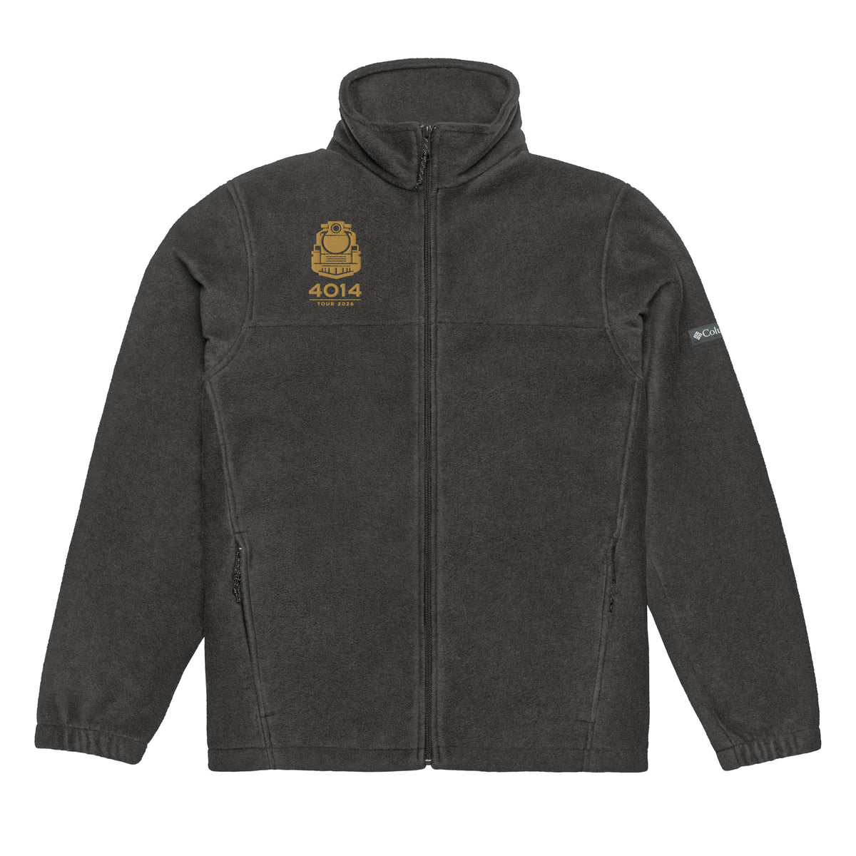 black Columbia full-zip fleece jacket featuring a gold embroidered graphic of a front-facing steam locomotive above the text "4014 TOUR 2026" on the right chest. A white Columbia logo is visible on the left sleeve.