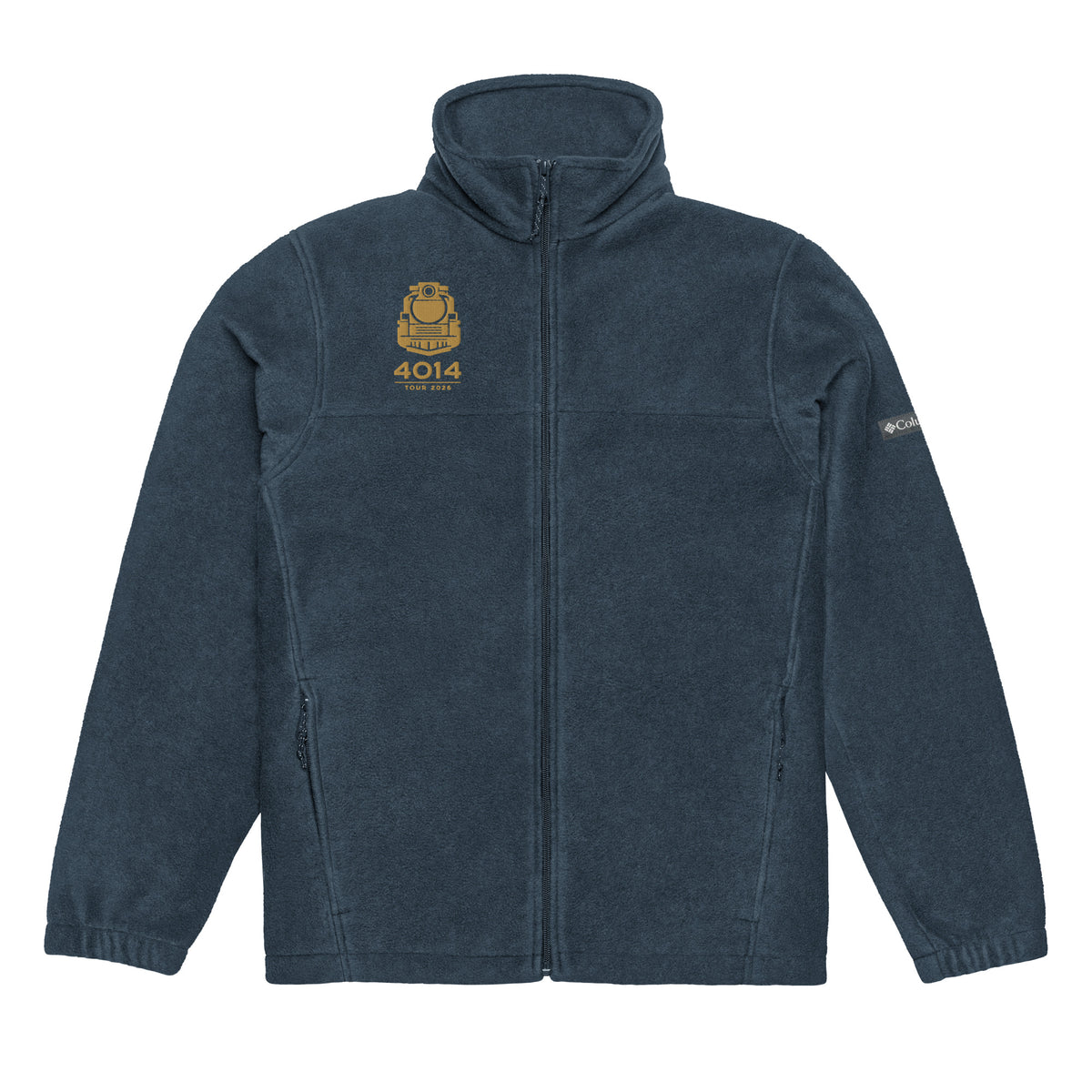 Navy Columbia full-zip fleece jacket featuring a gold embroidered graphic of a front-facing steam locomotive above the text "4014 TOUR 2026" on the right chest. A white Columbia logo is visible on the left sleeve.