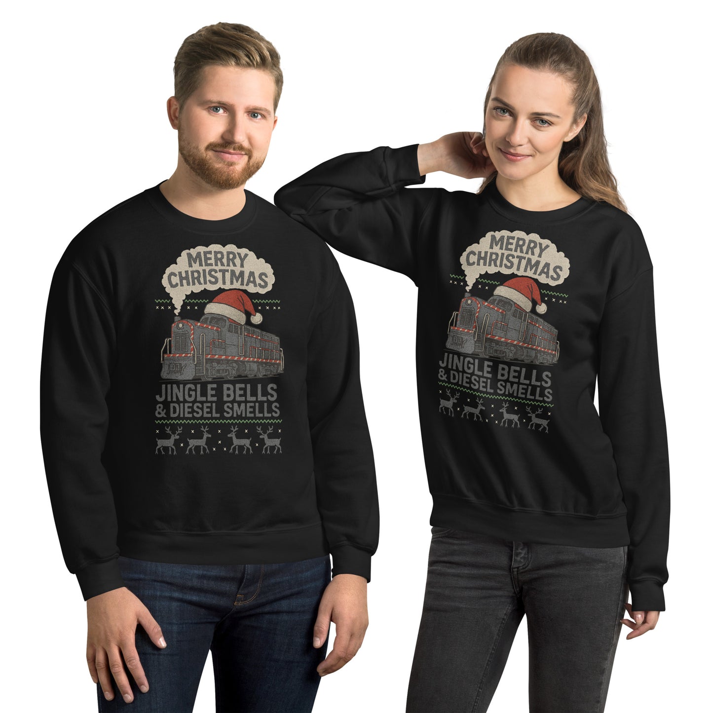 Two people wearing black Christmas-themed sweatshirts with text and graphics.