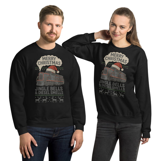 Two people wearing black Christmas-themed sweatshirts with text and graphics.