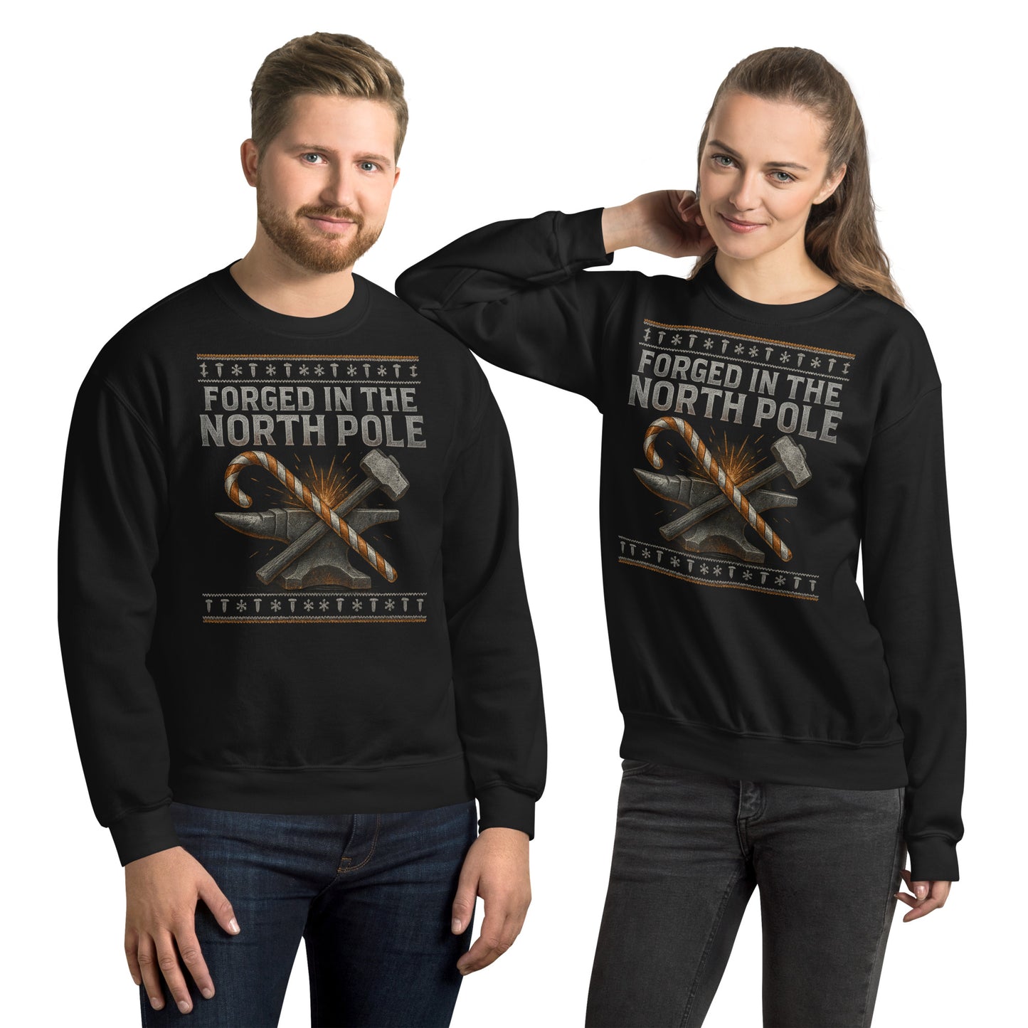 Two people wearing black sweatshirts with 'Forged in the North Pole' text and graphic design.
