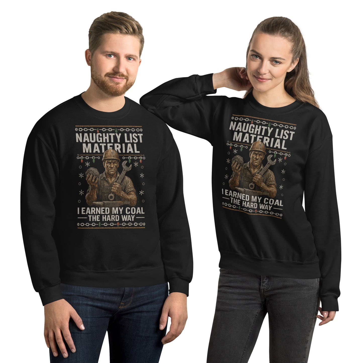 Two people wearing black sweatshirts with a graphic design and text.