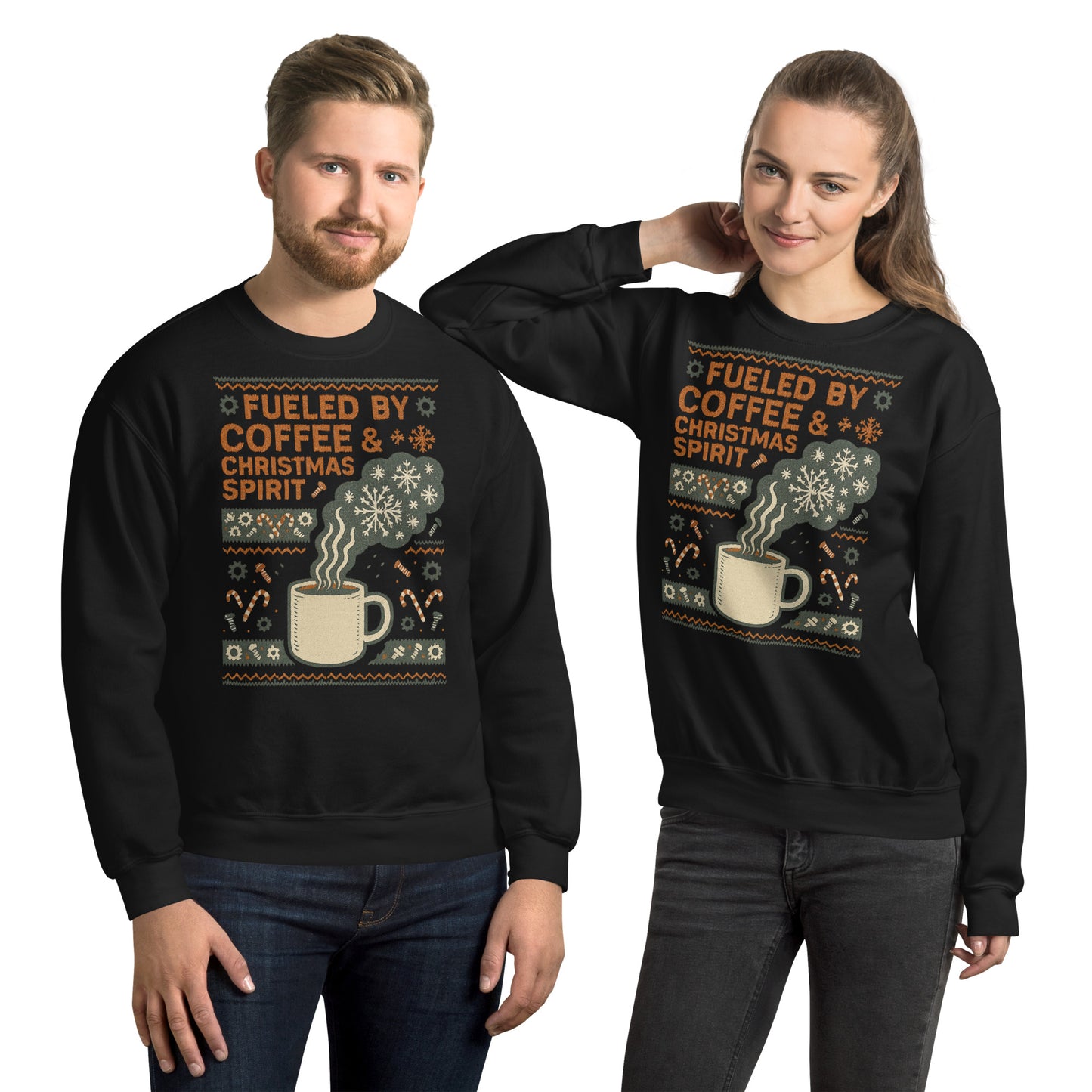 Two people wearing black sweatshirts with Christmas-themed designs on a white background
