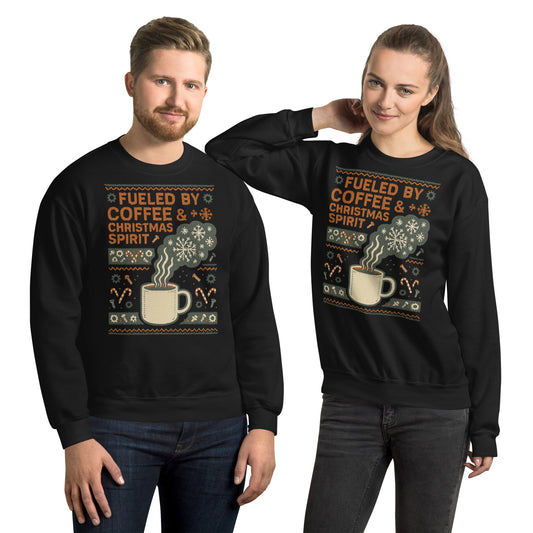 Two people wearing black sweatshirts with Christmas-themed designs on a white background