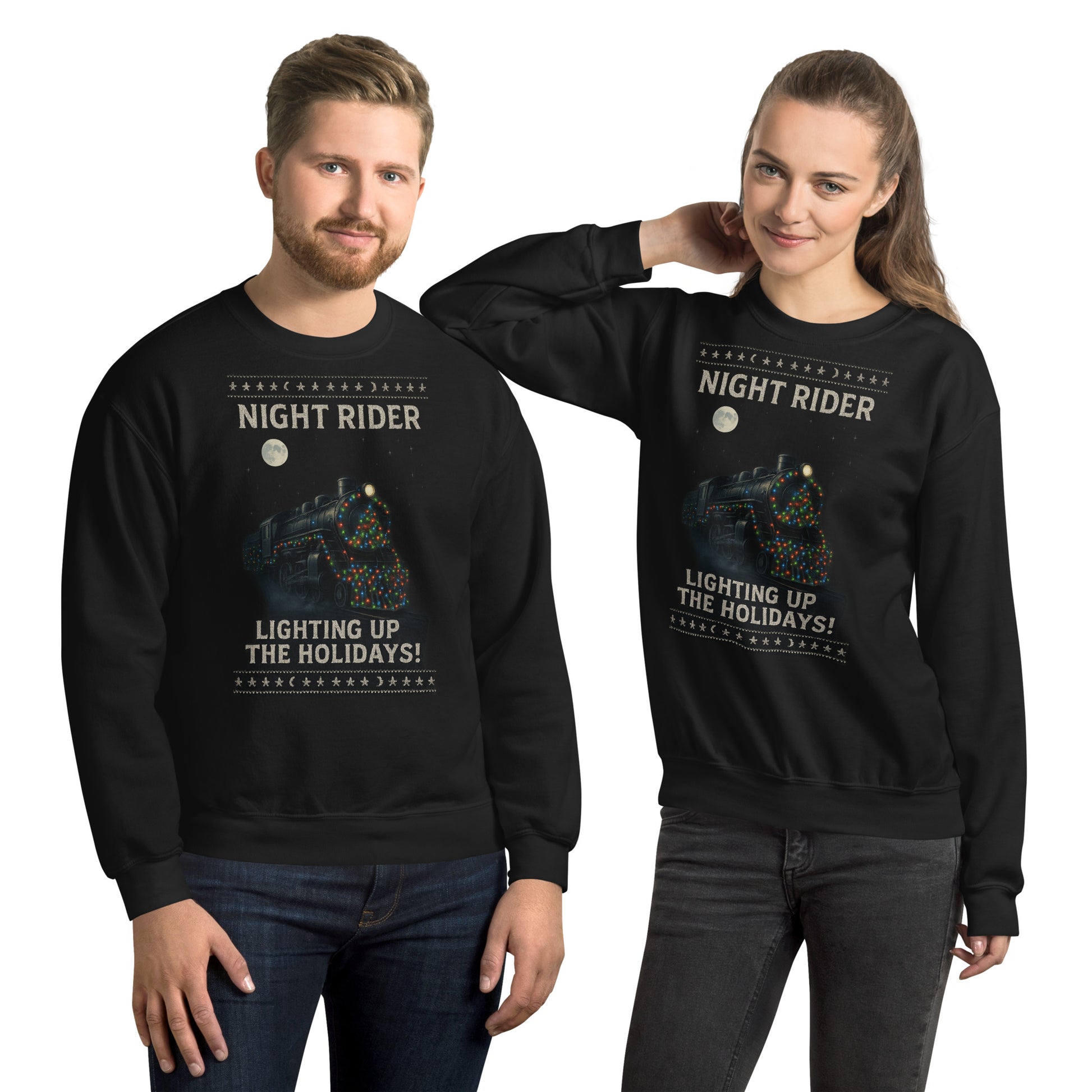 Two people wearing black sweatshirts with 'Night Rider' text and graphic design.