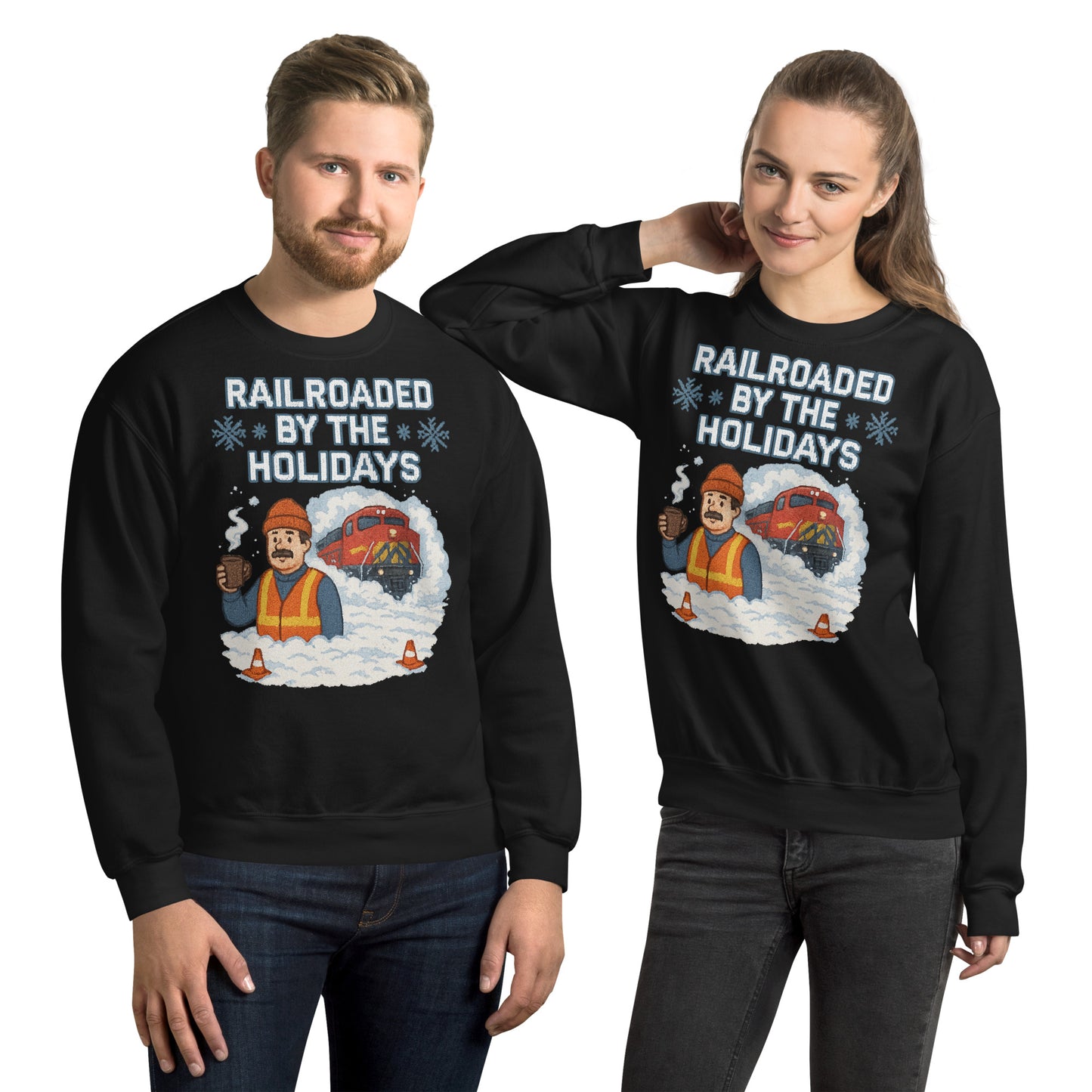 Two people wearing black sweatshirts with a festive graphic and text.