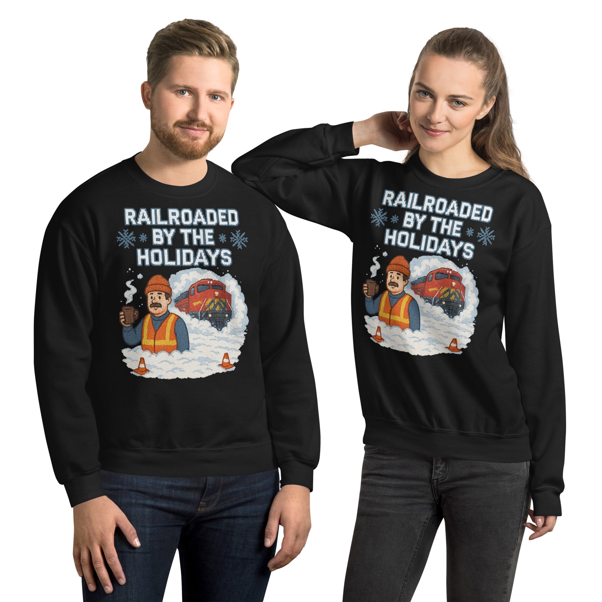 Two people wearing black sweatshirts with a festive graphic and text.
